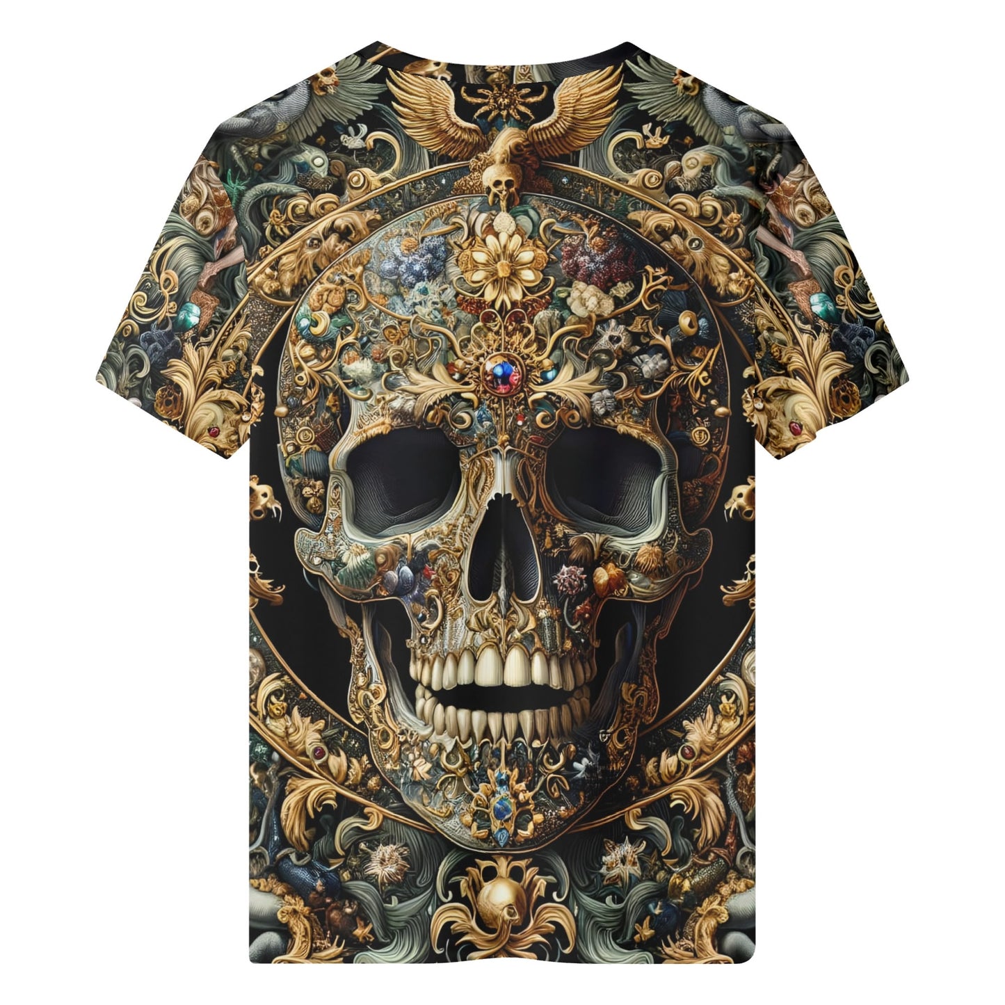 Forbidden Luxury 100 Cotton T-Shirt with intricate ornate skull design in gold and jewel tones