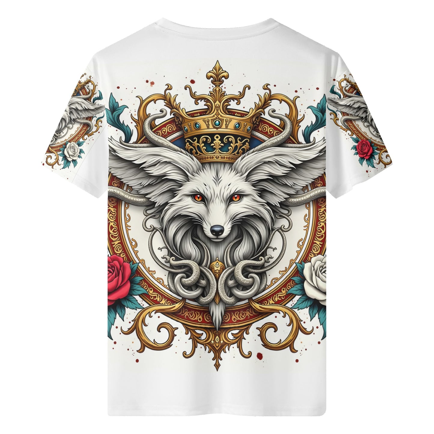 Loud and Lethal Foxs Reign Lycra T-Shirt Limited Edition white unisex tee with crowned fox, gold filigree and red and white roses