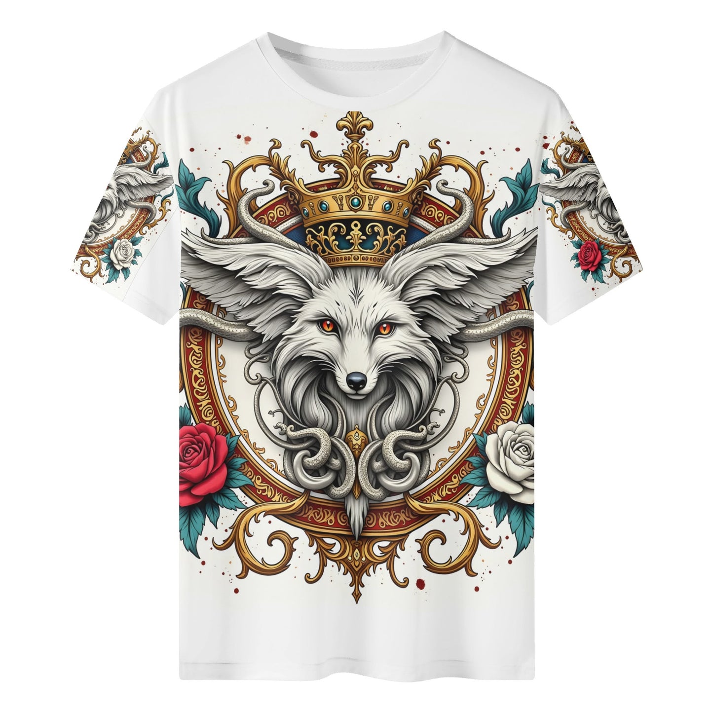 Foxs Reign Lycra T-Shirt Limited Edition white unisex tee with crowned fox face ornate gold frame and red and white roses