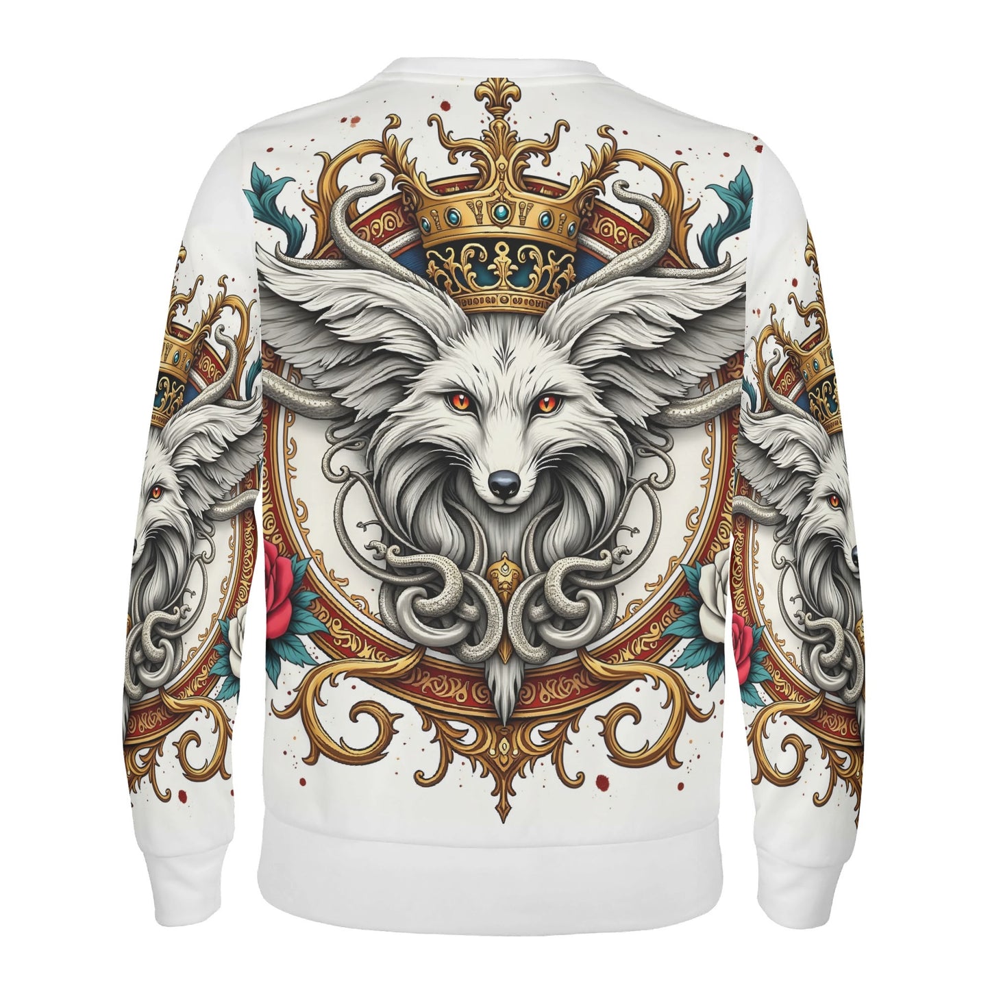 Back of unisex sweatshirt with crowned fox medallion, gold filigree and roses Foxs Reign Limited Edition Cotton Terry Sweatshirt