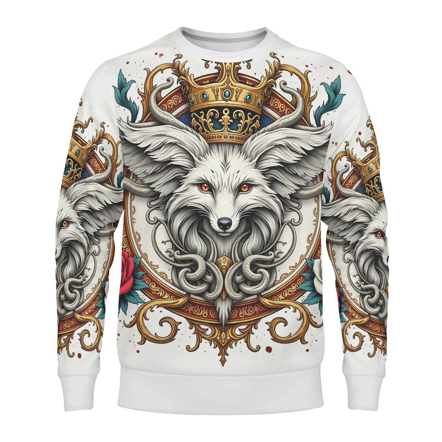 Foxs Reign Limited Edition Cotton Terry Sweatshirt Loud and Lethal white crewneck with crowned fox crest and gold filigree