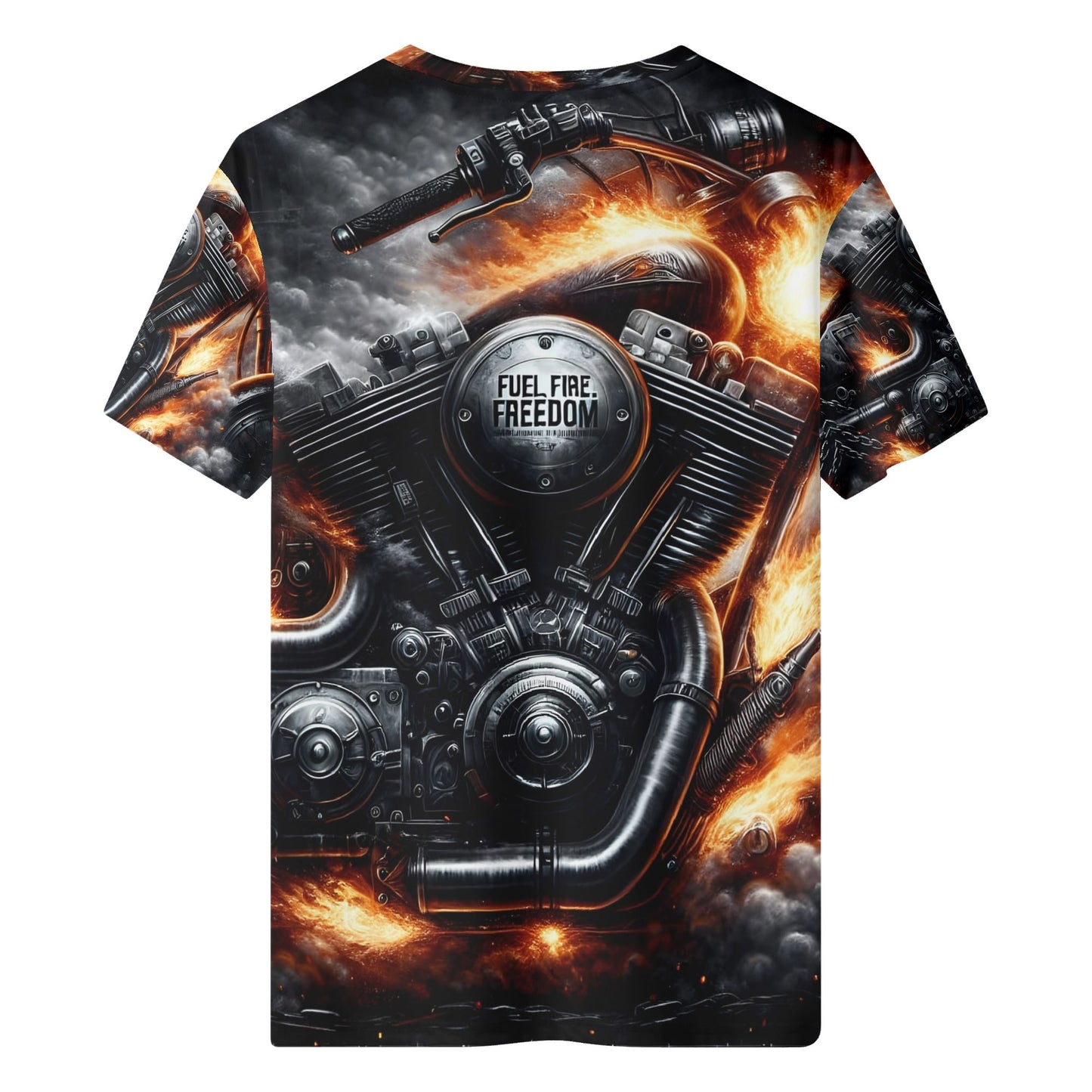 Loud and Lethal Fuel Fire Freedom 100 Cotton T-Shirt with fiery motorcycle engine graphic on back