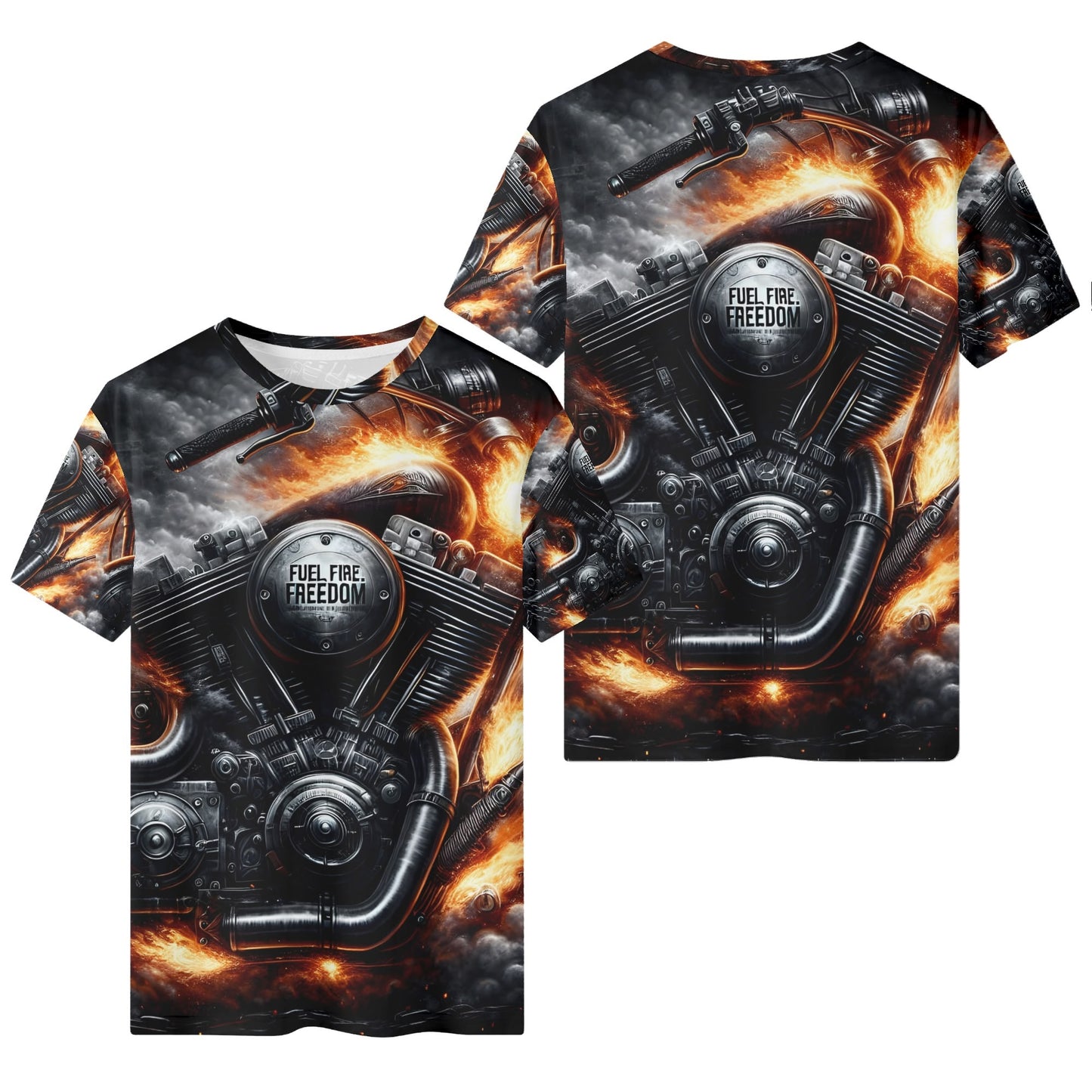 Loud and Lethal Fuel Fire Freedom 100 Cotton T-Shirt with fiery motorcycle engine graphic unisex