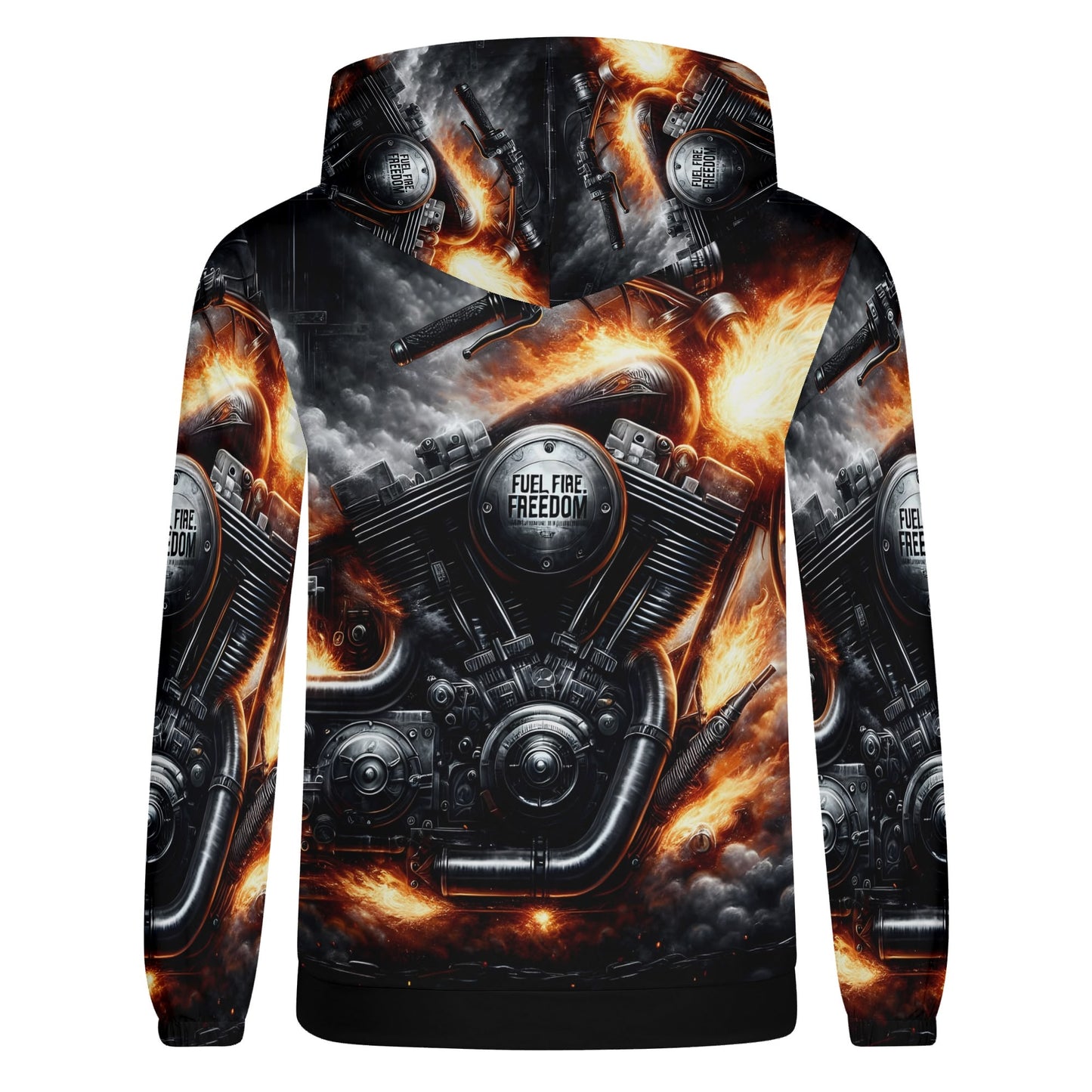 Loud and Lethal Fuel Fire Freedom Cotton Terry hoodie with fiery motorcycle engine graphic unisex hoodie