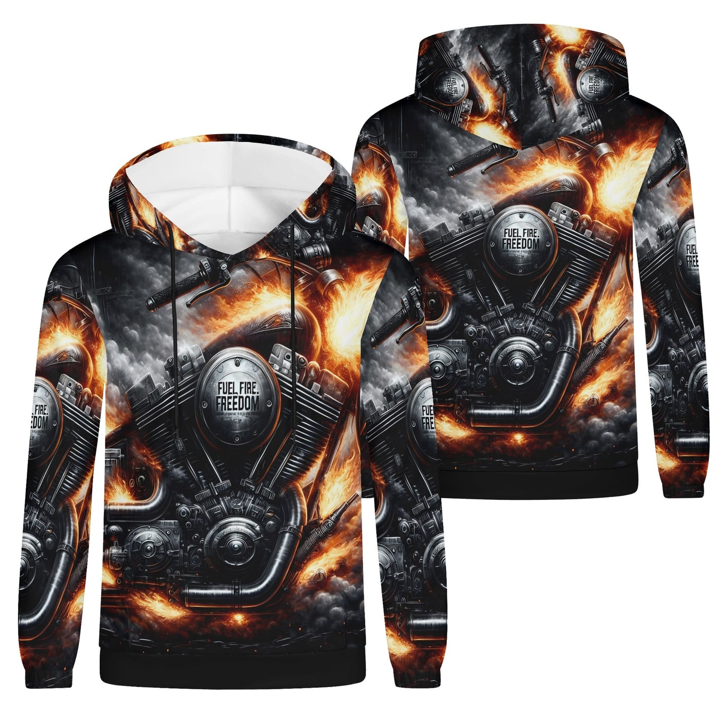 Fuel Fire Freedom Cotton Terry hoodie unisex with fiery motorcycle engine design by Loud and Lethal