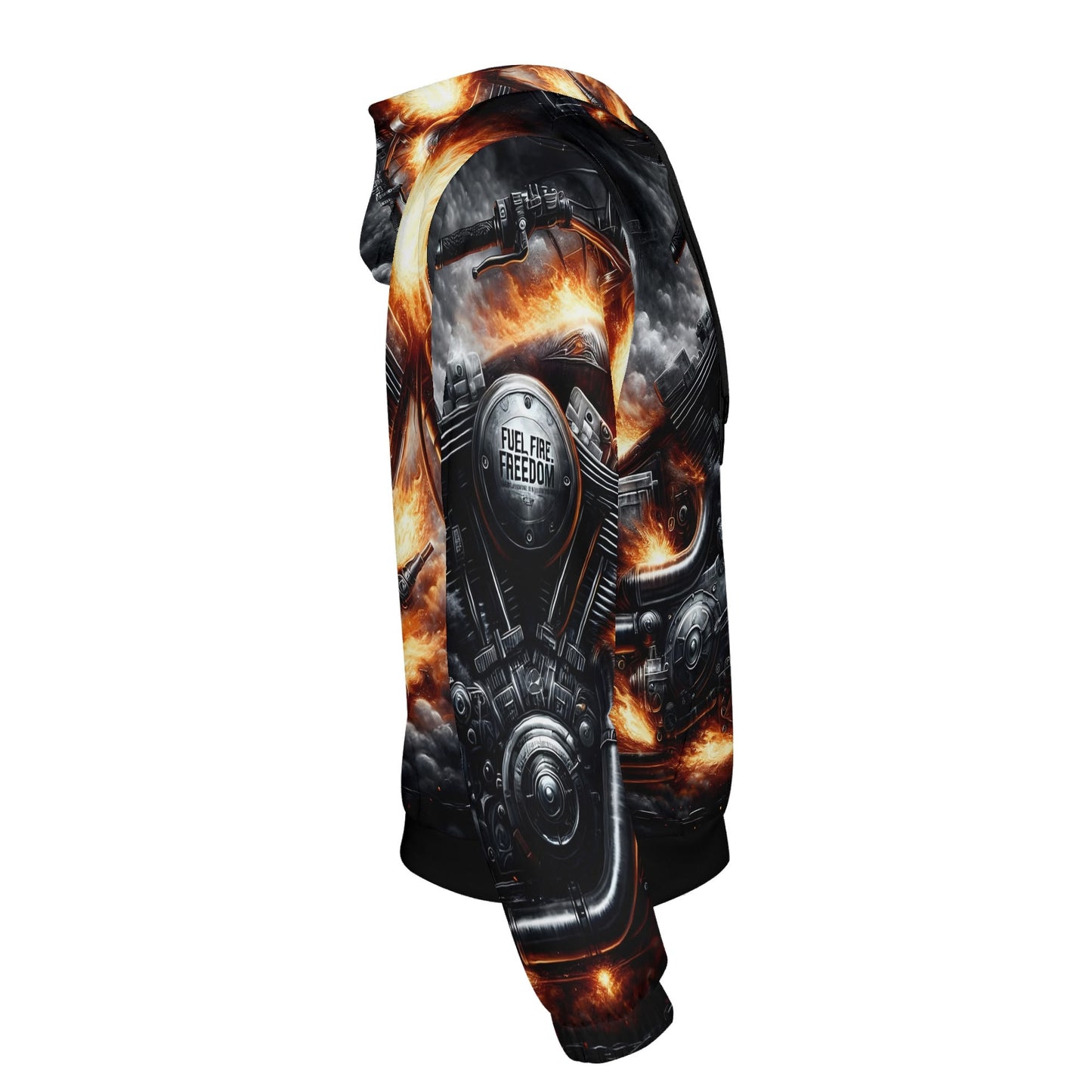 Loud and Lethal Fuel Fire Freedom Cotton Terry hoodie with fiery motorcycle engine graphic unisex design