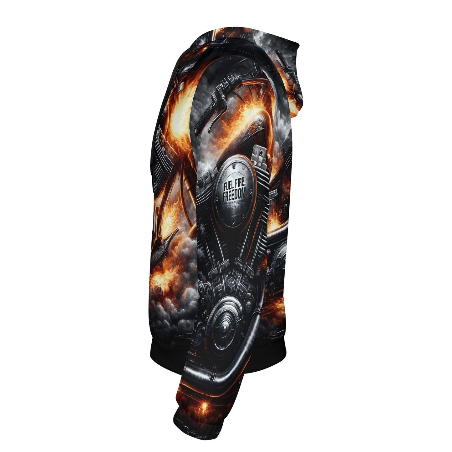 Loud and Lethal Fuel Fire Freedom Cotton Terry hoodie with fiery motorcycle engine design side view