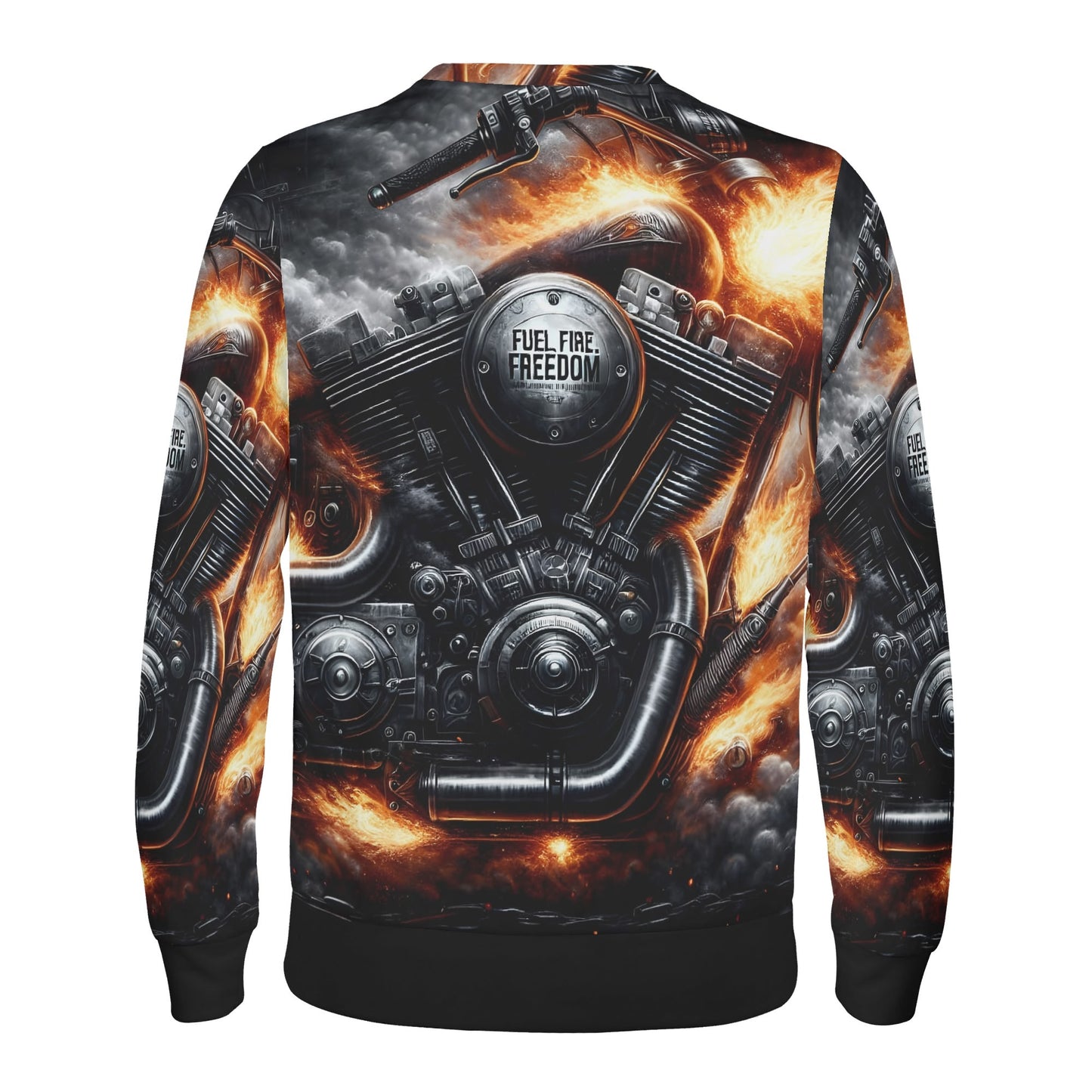 Loud and Lethal unisex sweater with fiery motorcycle engine graphic on back Fuel Fire Freedom Poly French Terry Sweatshirt .