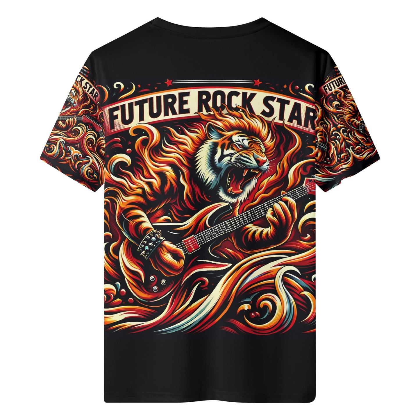 Fury & Fire Organic Cotton Kids T-Shirt by Loud and Lethal with fiery tiger playing electric guitar design