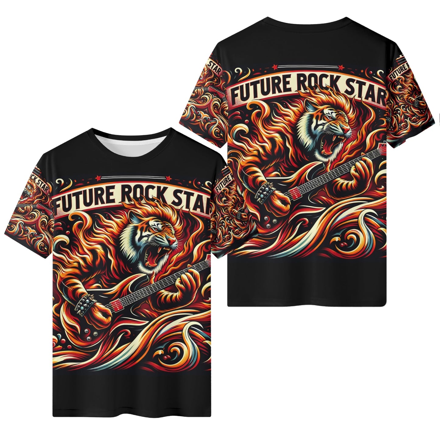 Fury & Fire Organic Cotton Kids T-Shirt by Loud and Lethal with fiery tiger playing guitar and Future Rock Star design