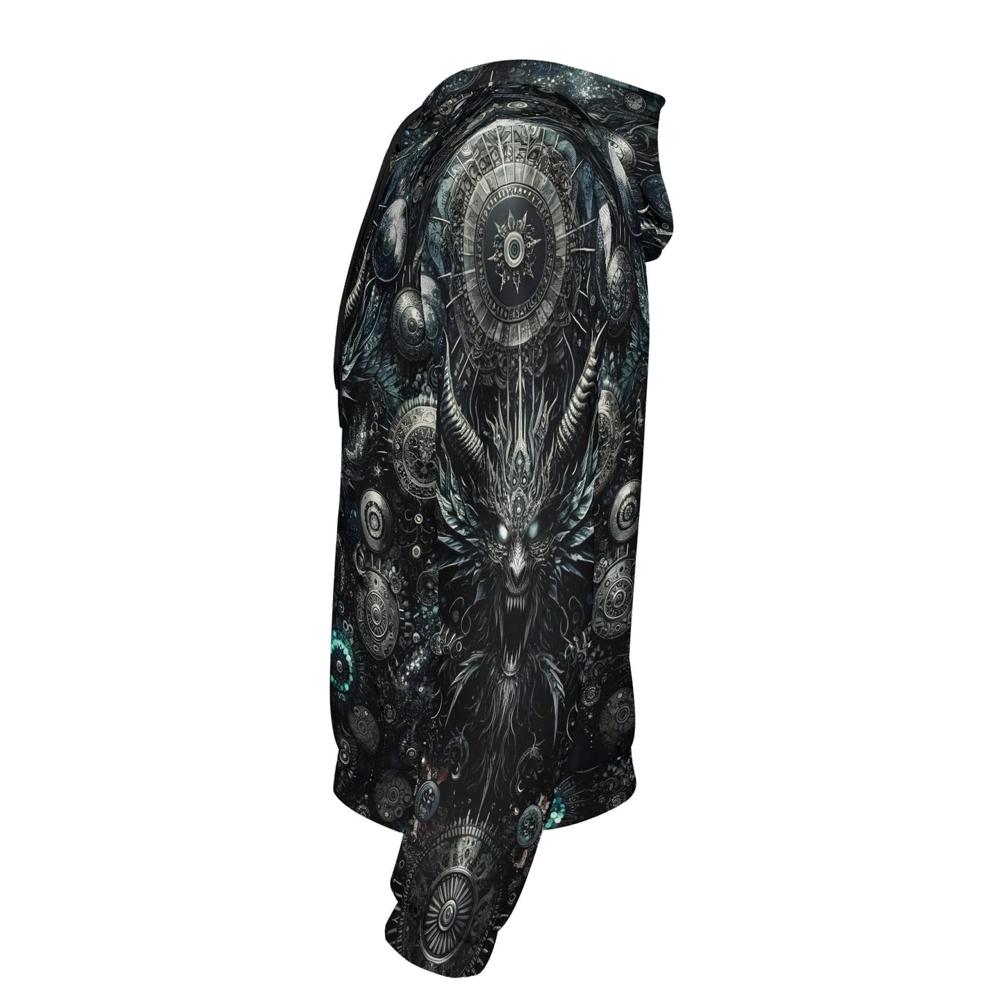 Side view of Loud and Lethal Gears of the Abyss Cotton Terry Hoodie with dark intricate mechanical and abyss-themed design