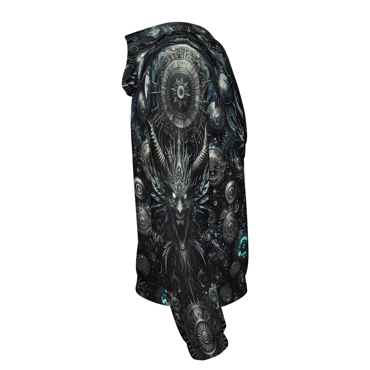 Side view of Loud and Lethal Gears of the Abyss Cotton Terry Hoodie with dark mystical mechanical design