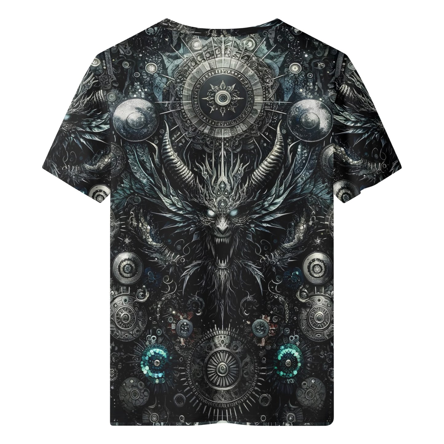 Back view of Loud and Lethal Gears of the Abyss Lycra T-Shirt featuring dark intricate mechanical and mythical creature design