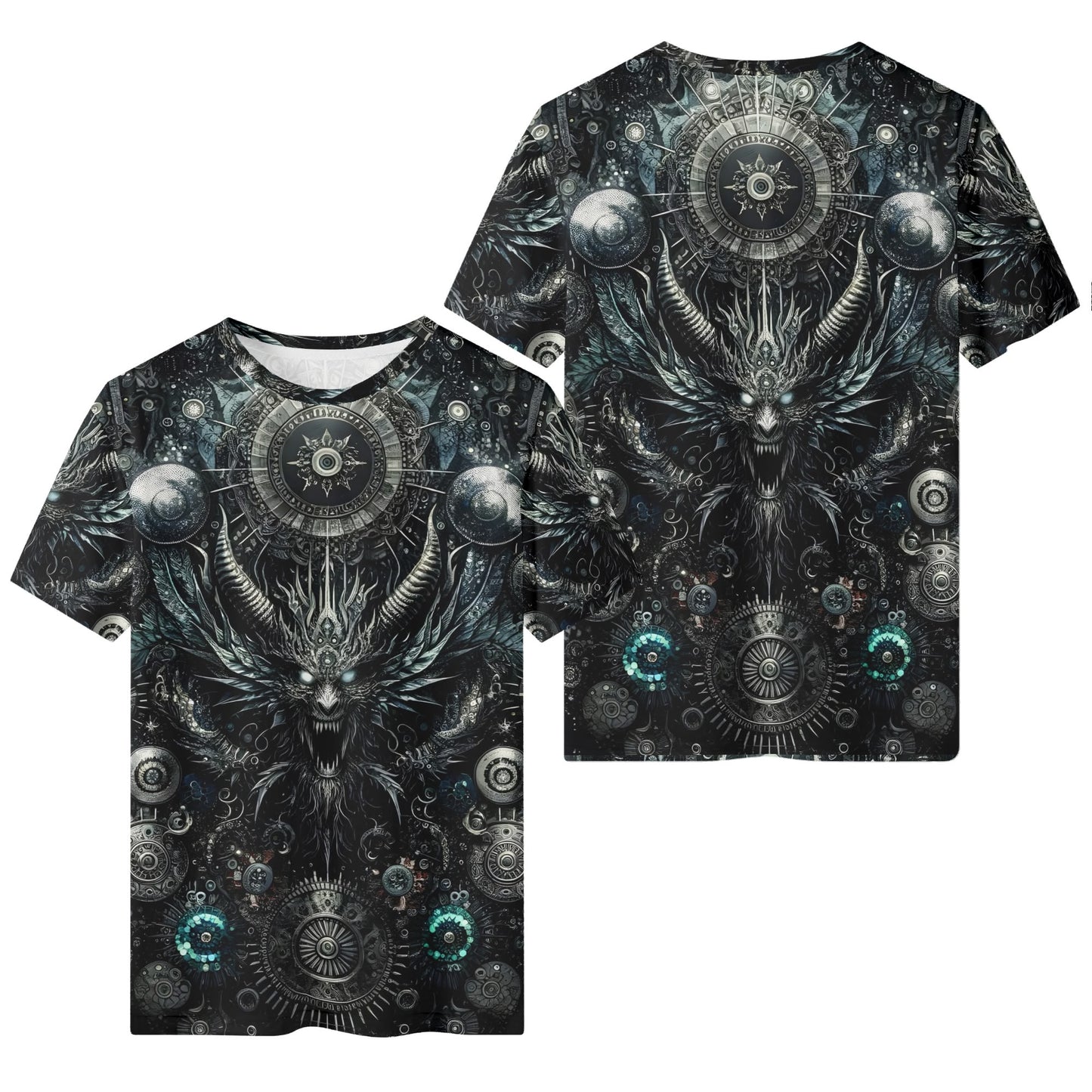 Gears of the Abyss Lycra T-Shirt by Loud and Lethal with dark mechanical demon design on front and back