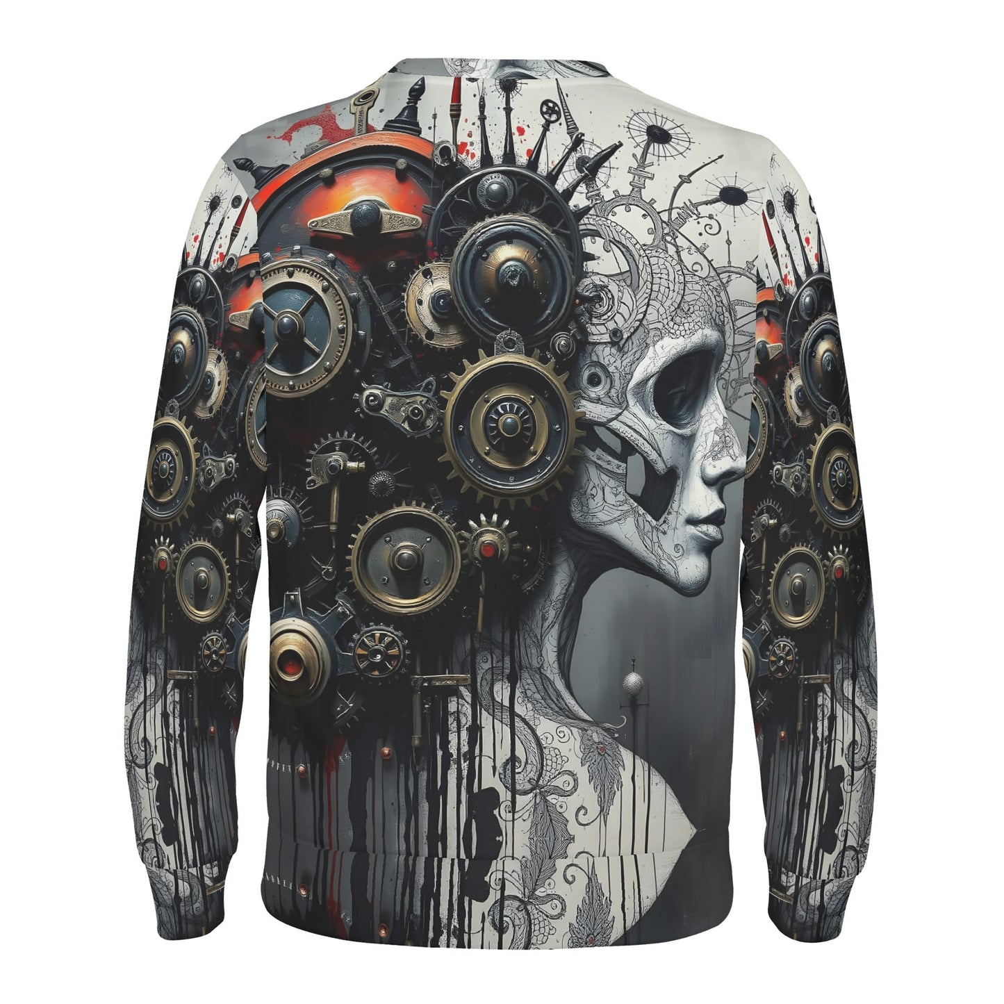 Loud and Lethal Mech and Flesh Poly French Terry Sweatshirt unisex back showing steampunk gears merging with a skull faced woman