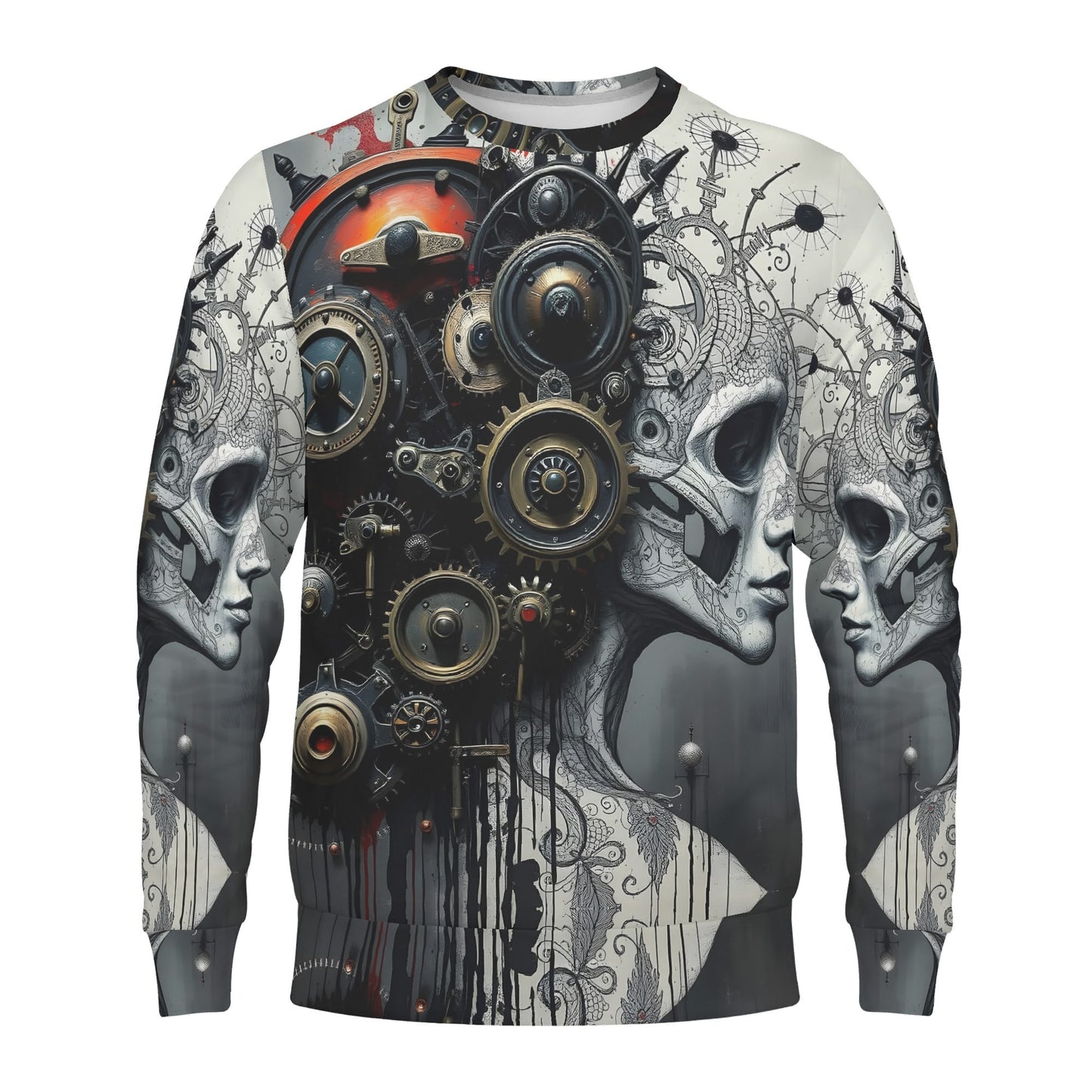 Loud and Lethal Mech and Flesh Poly French Terry Sweatshirt unisex with steampunk gears and skull faces all over print