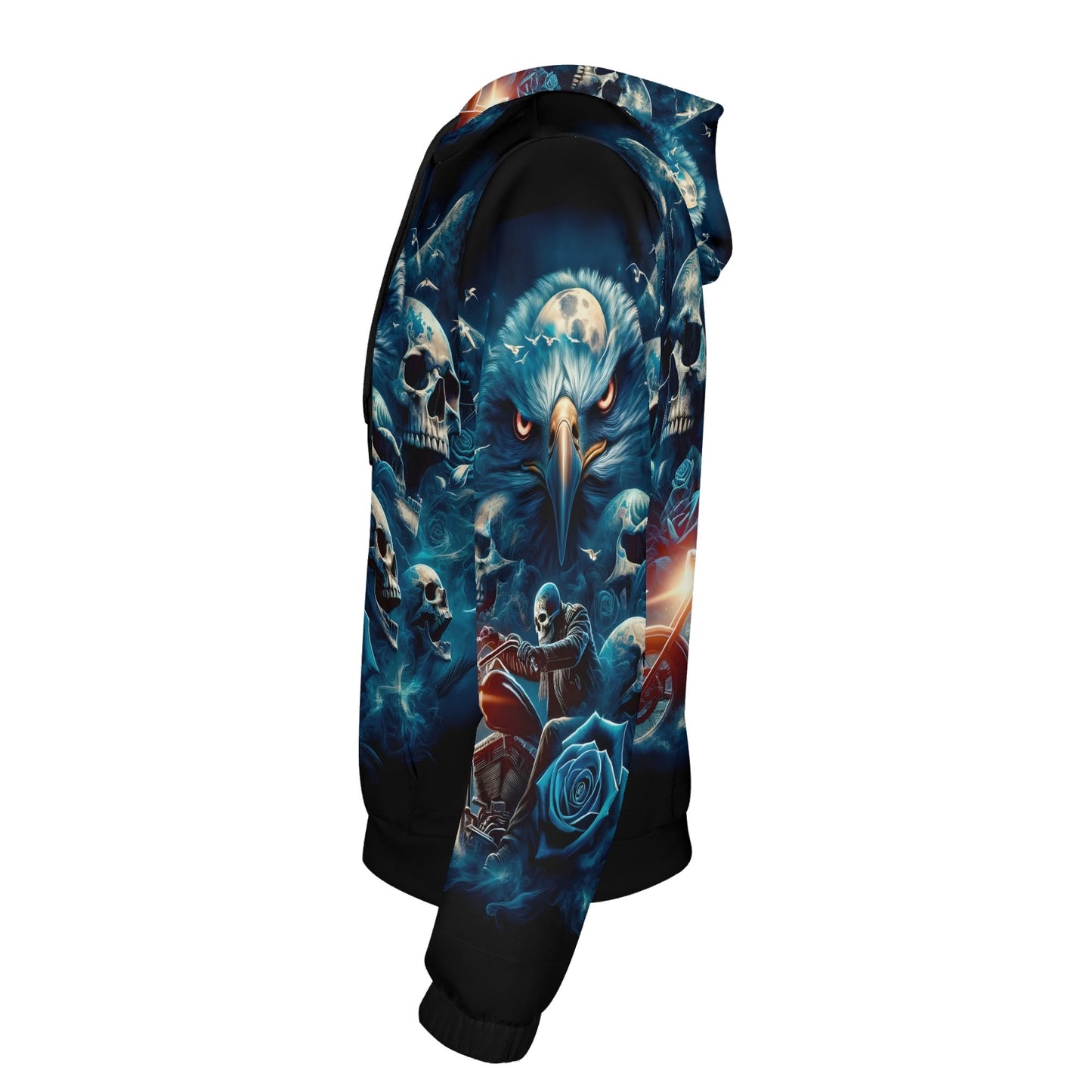Side view of Ghost in the Wind Cotton Terry Hoodie by Loud and Lethal featuring skulls and an eagle graphic