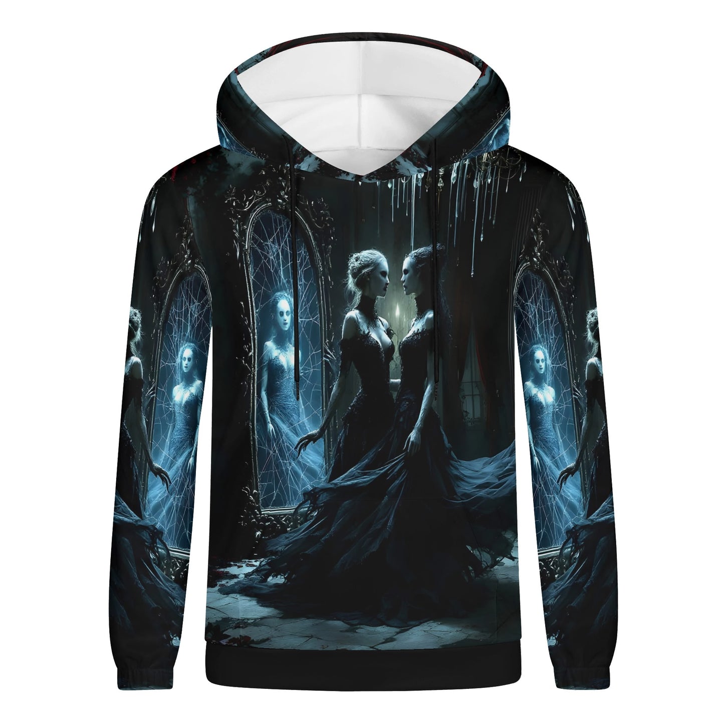 Ghosts in the Glass Cotton Terry hoodie featuring a haunting ghostly woman reflected in cracked mirrors