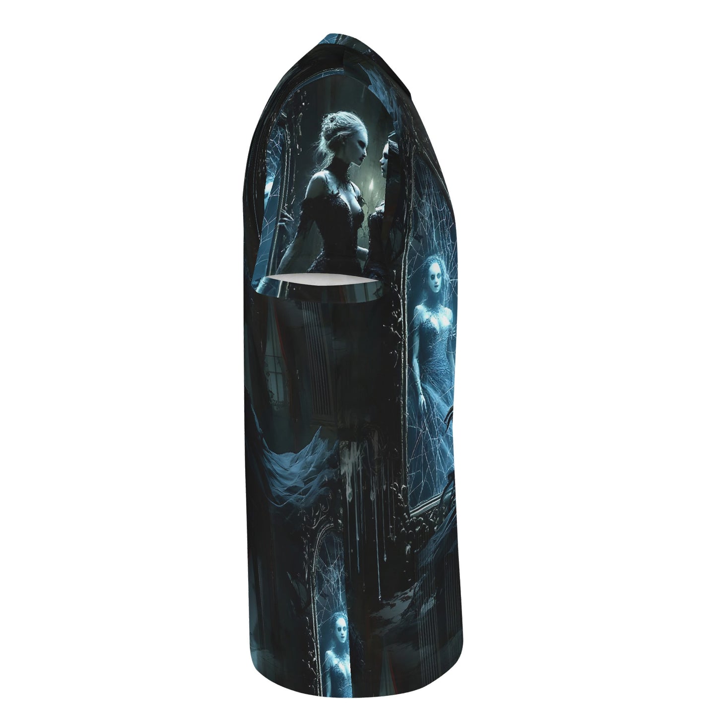 Side view of Loud and Lethal Ghosts in the Glass Organic Cotton T-Shirt with dark haunted mirror design
