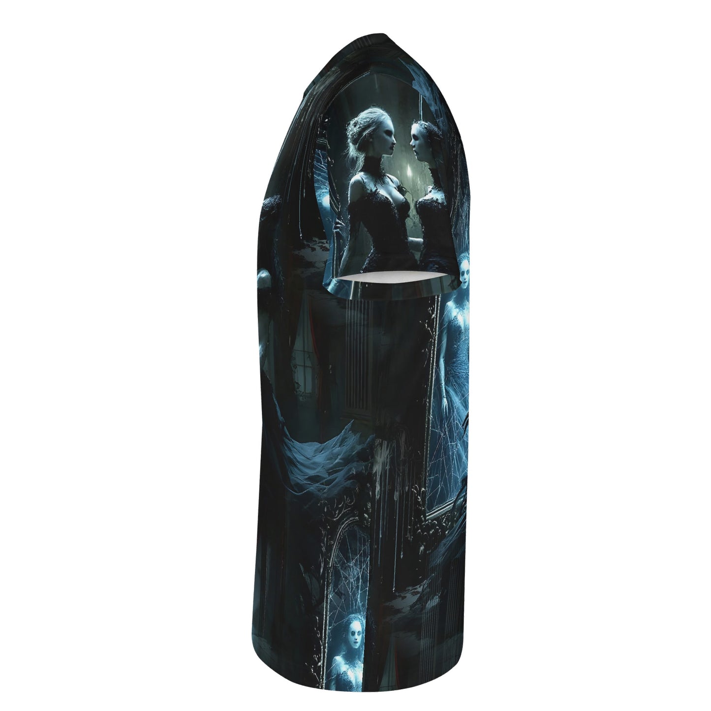 Ghosts in the Glass Organic Cotton T-Shirt unisex design with eerie ghostly figures and dark reflective mirror graphics