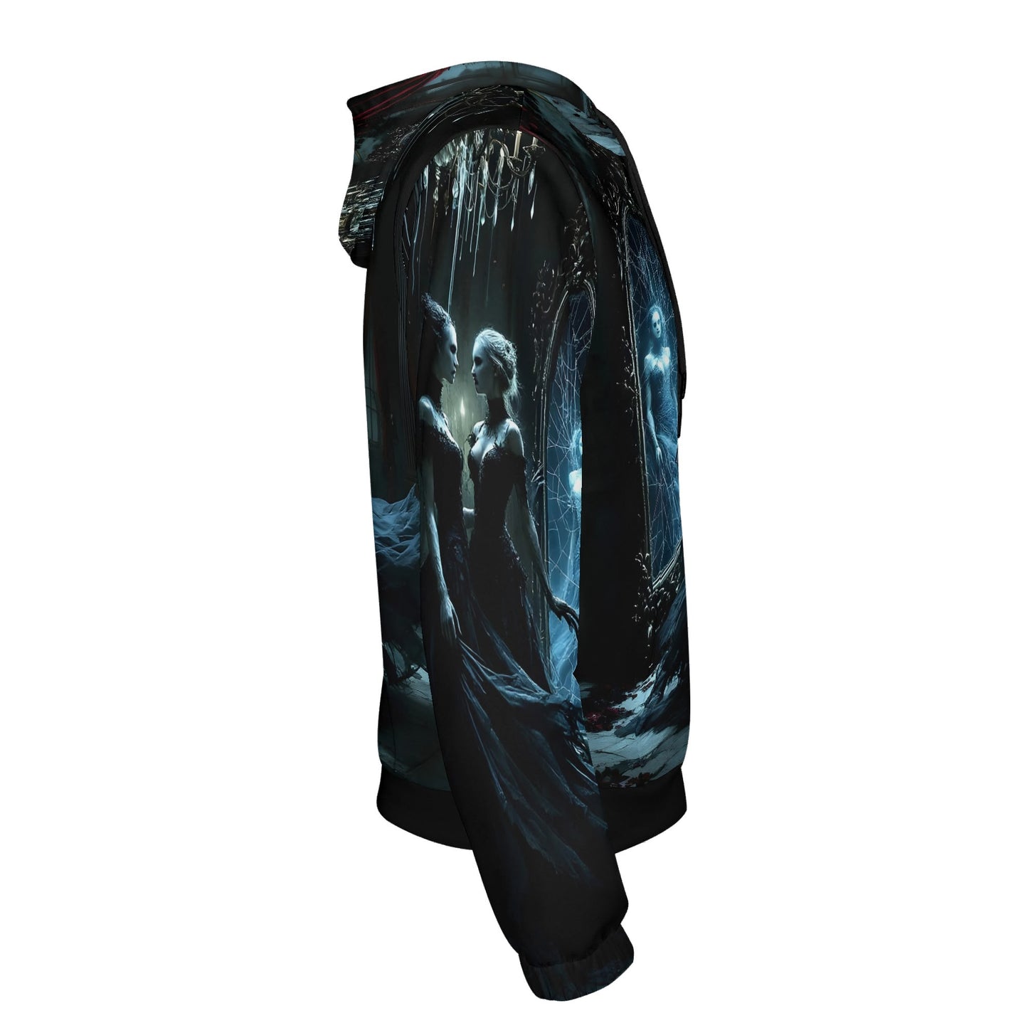 Side view of Loud and Lethal Ghosts in the Glass Poly French Terry hoodie with dark ghostly design
