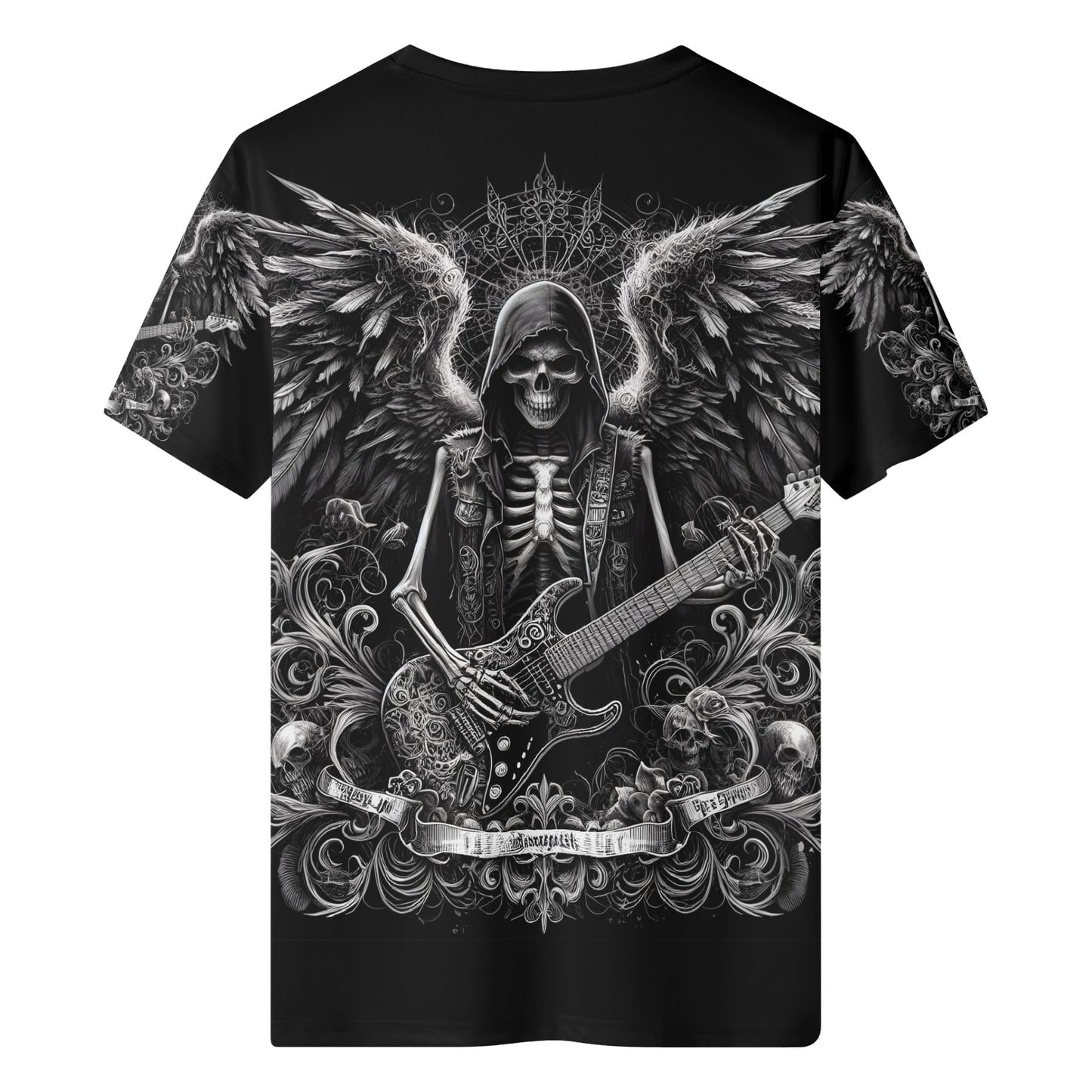Black Loud and Lethal Ghoulish Guitarist 100 Cotton T-Shirt with skeleton angel graphic playing guitar