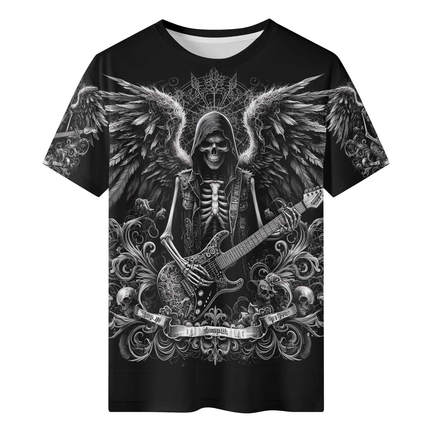 Loud and Lethal Ghoulish Guitarist 100 Cotton T-Shirt featuring skeleton guitarist with wings on black background