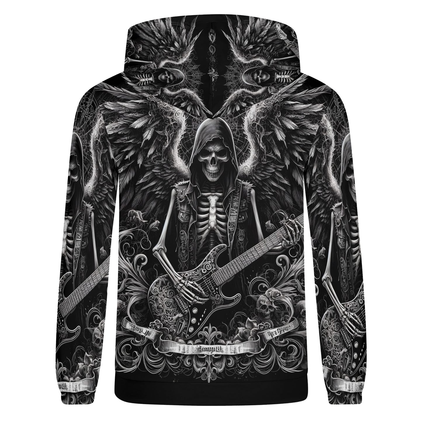 Unisex Ghoulish Guitarist Cotton Terry Hoodie by Loud and Lethal with skeleton playing guitar graphic