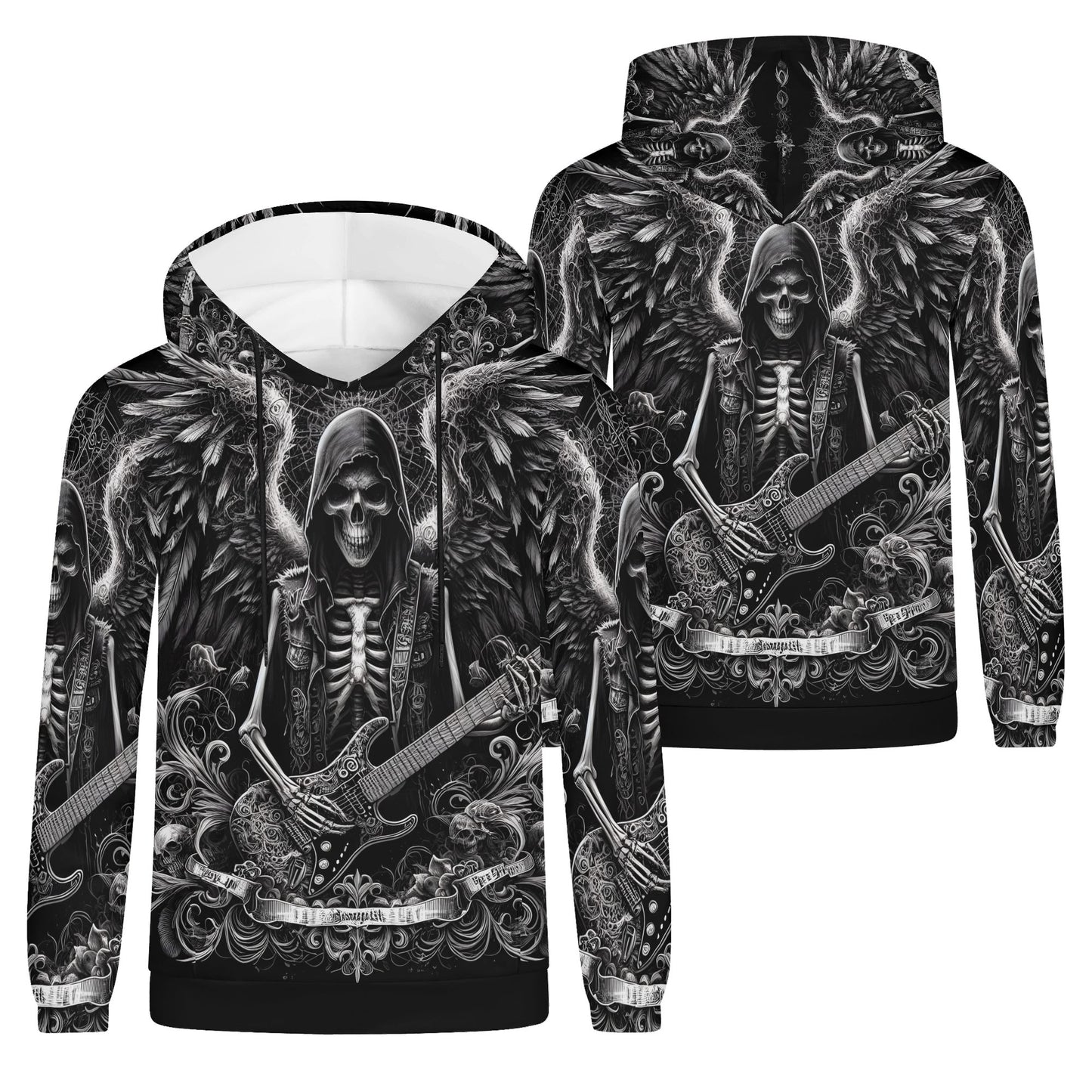 Ghoulish Guitarist Cotton Terry Hoodie by Loud and Lethal featuring skeleton playing electric guitar with detailed wings design