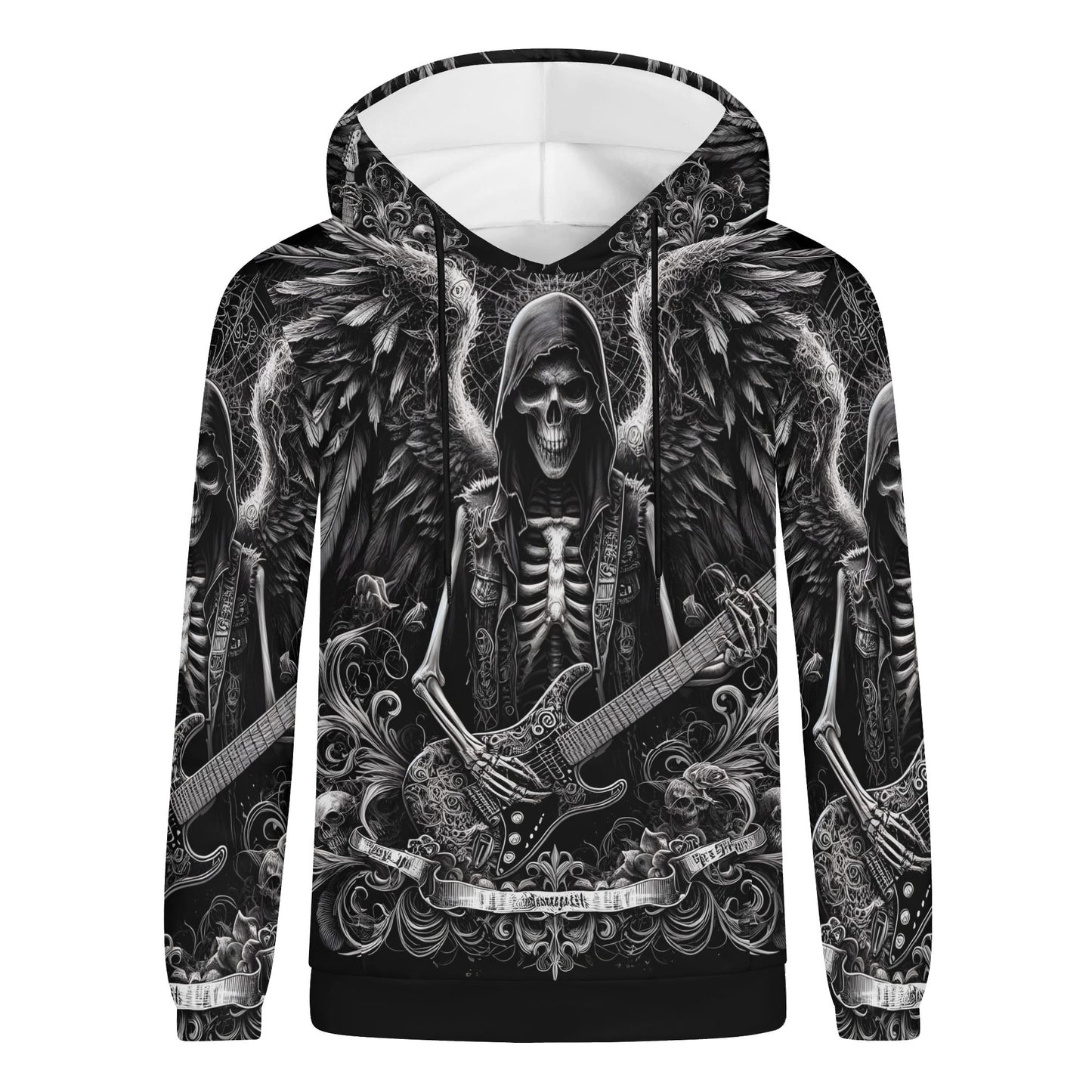 Ghoulish Guitarist Cotton Terry Hoodie by Loud and Lethal with detailed skeleton guitarist and wings design