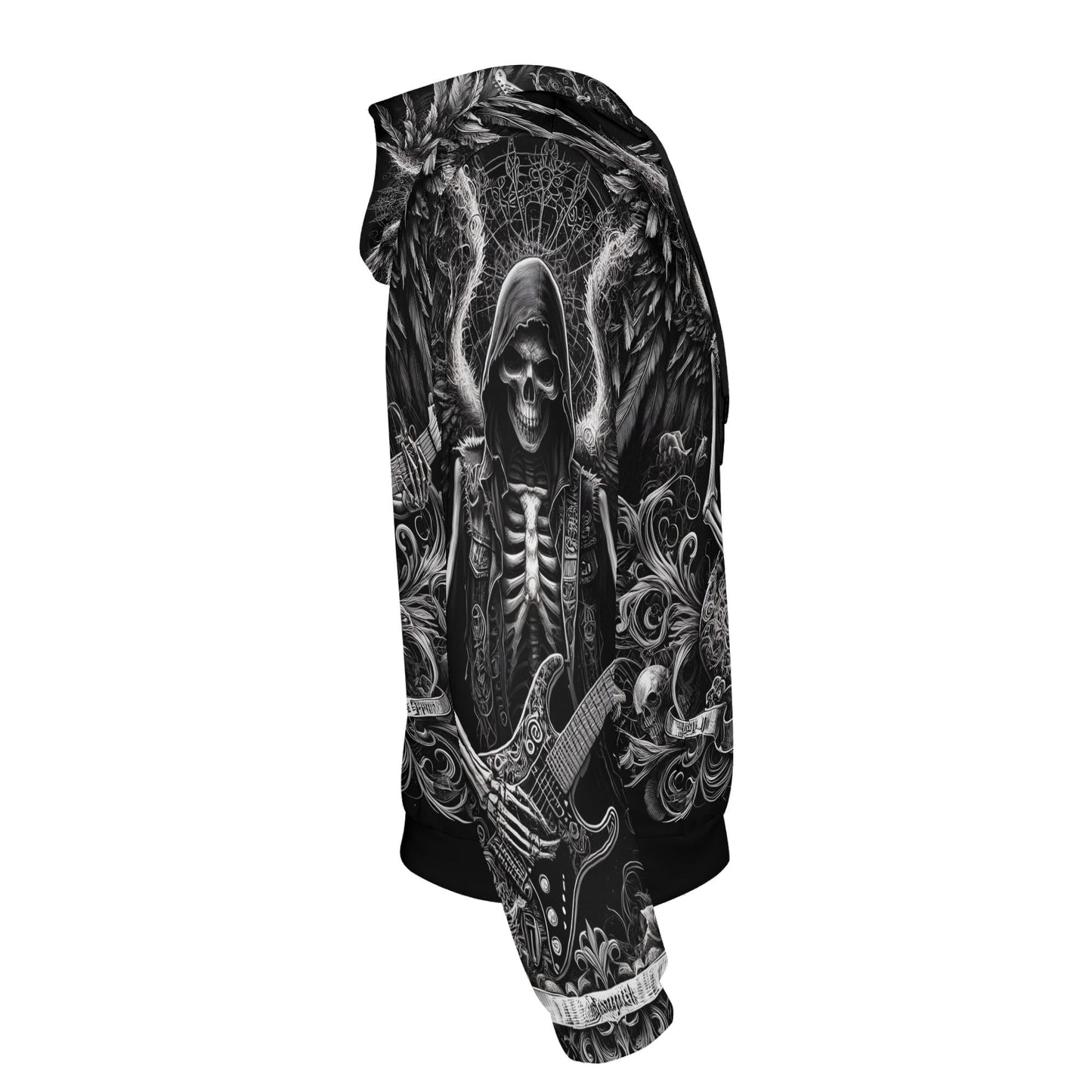 Ghoulish Guitarist Cotton Terry Hoodie by Loud and Lethal with detailed skeleton guitarist graphic in black and white