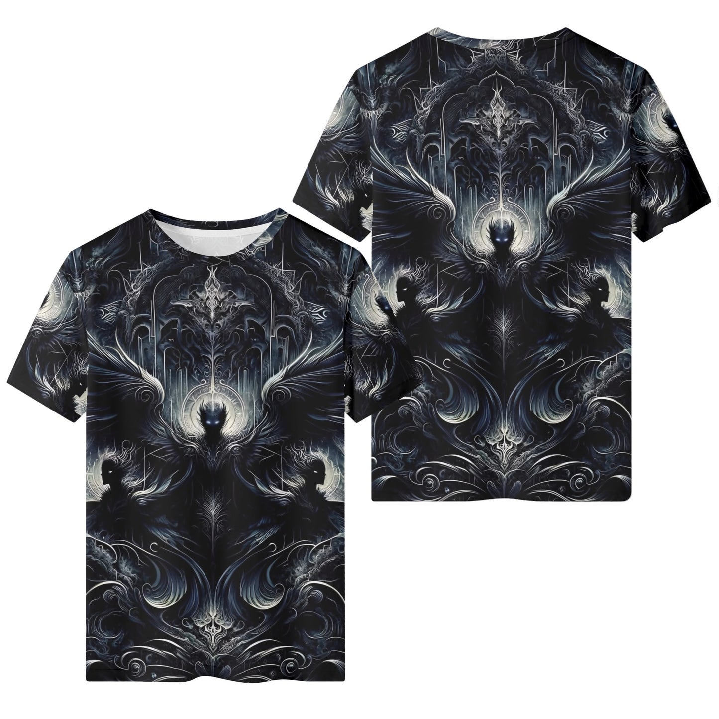 Gilded Wings of Dusk Organic Cotton T-Shirt with dark gothic winged design on front and back