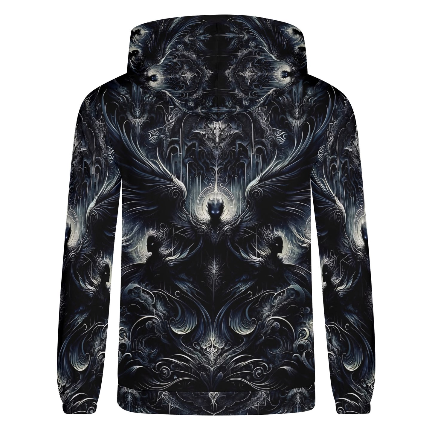 Gilded Wings of Dusk Poly French Terry Hoodie unisex black with detailed dark winged design