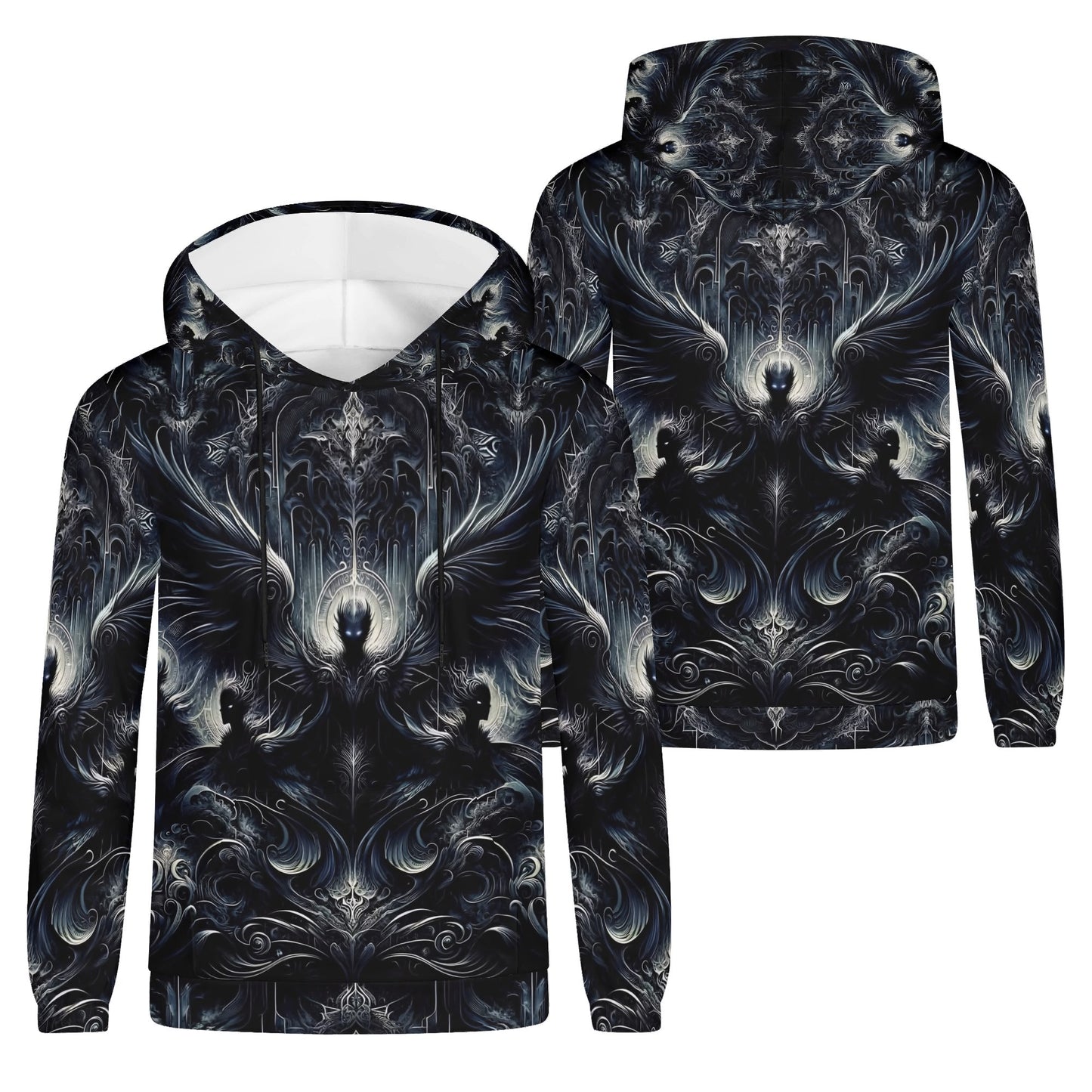 Gilded Wings of Dusk Poly French Terry Hoodie by Loud and Lethal with dark intricate winged design unisex hoodie
