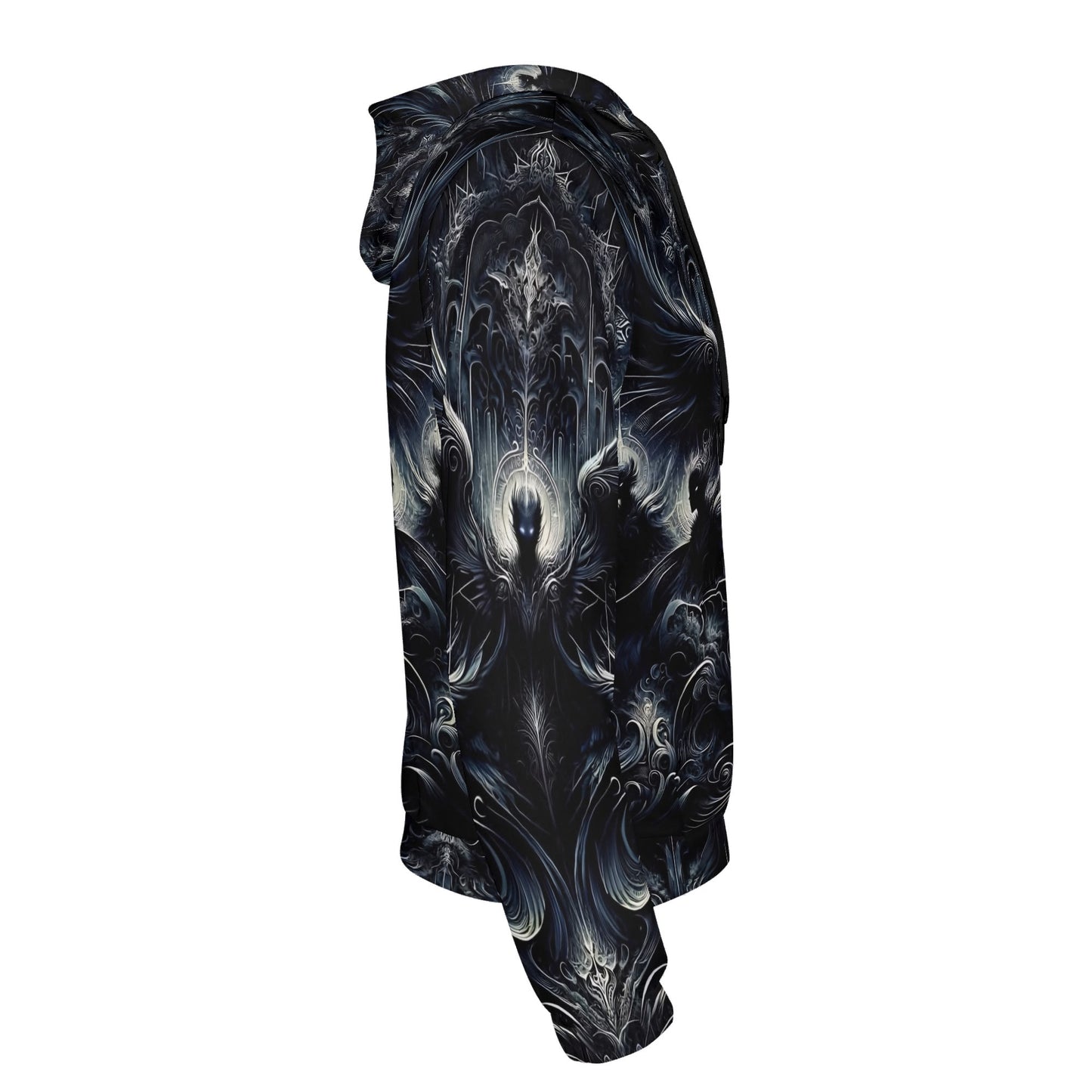 Side view of Loud and Lethal Gilded Wings of Dusk Poly French Terry Hoodie with dark mystical design