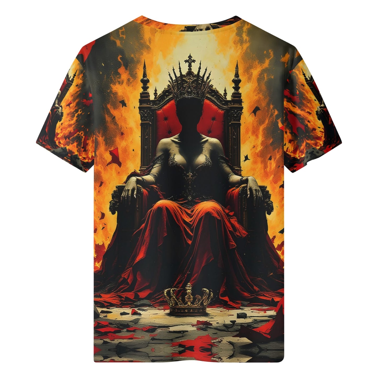 God Save The Queen 100 Cotton T-Shirt featuring a fiery throne design with a crowned silhouette