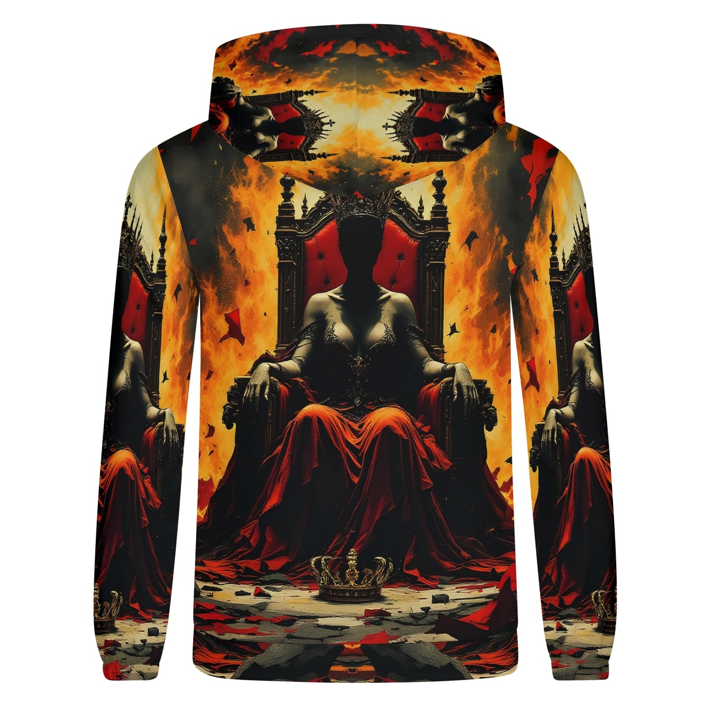 God Save The Queen Cotton Terry hoodie by Loud and Lethal featuring dark regal throne design with fiery background