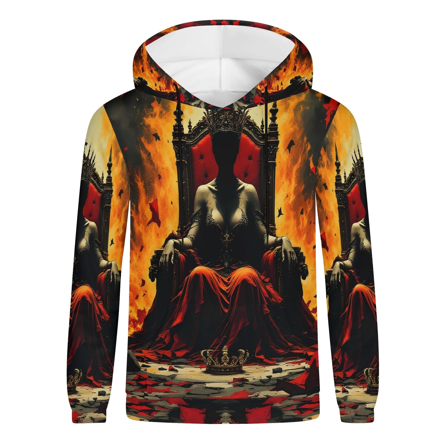 God Save The Queen Cotton Terry hoodie with fiery throne and dark regal design by Loud and Lethal