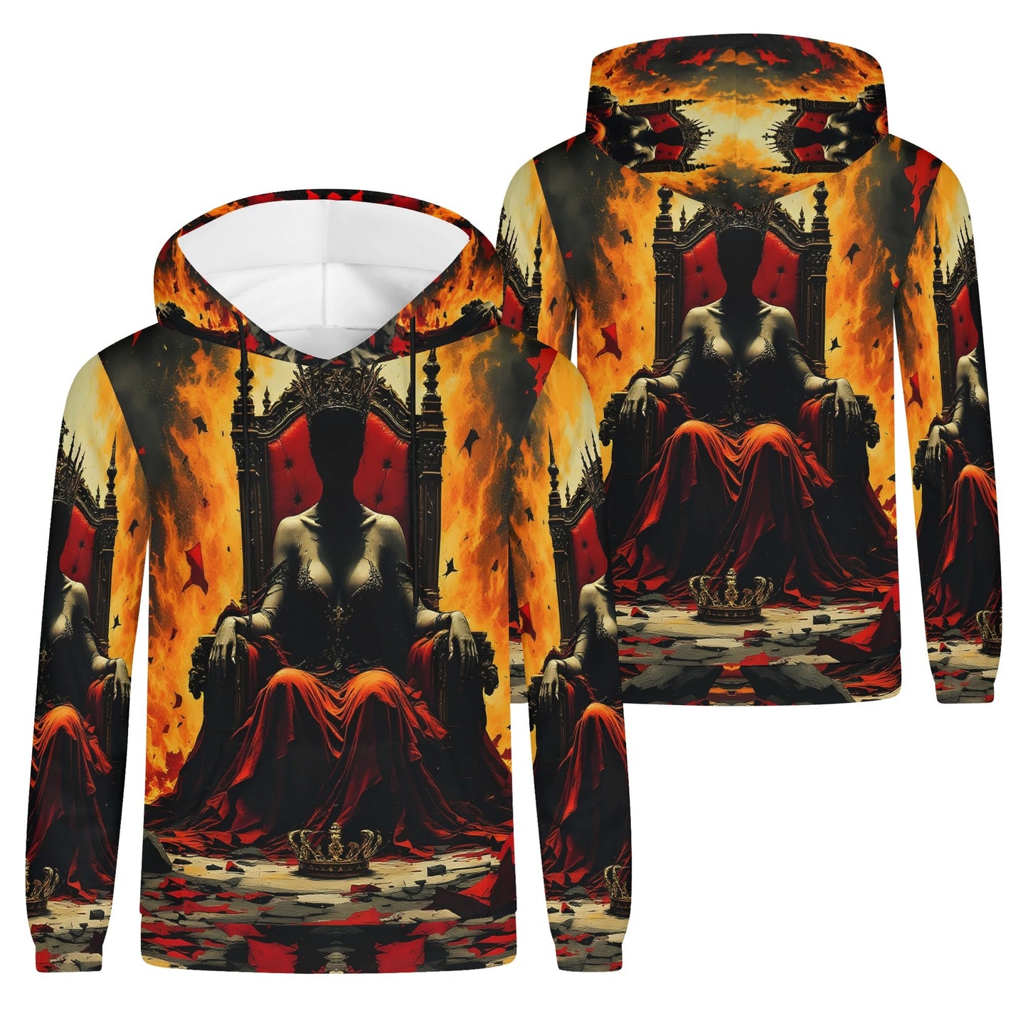 God Save The Queen Poly French Terry hoodie with dark throne and fiery background design unisex hoodie