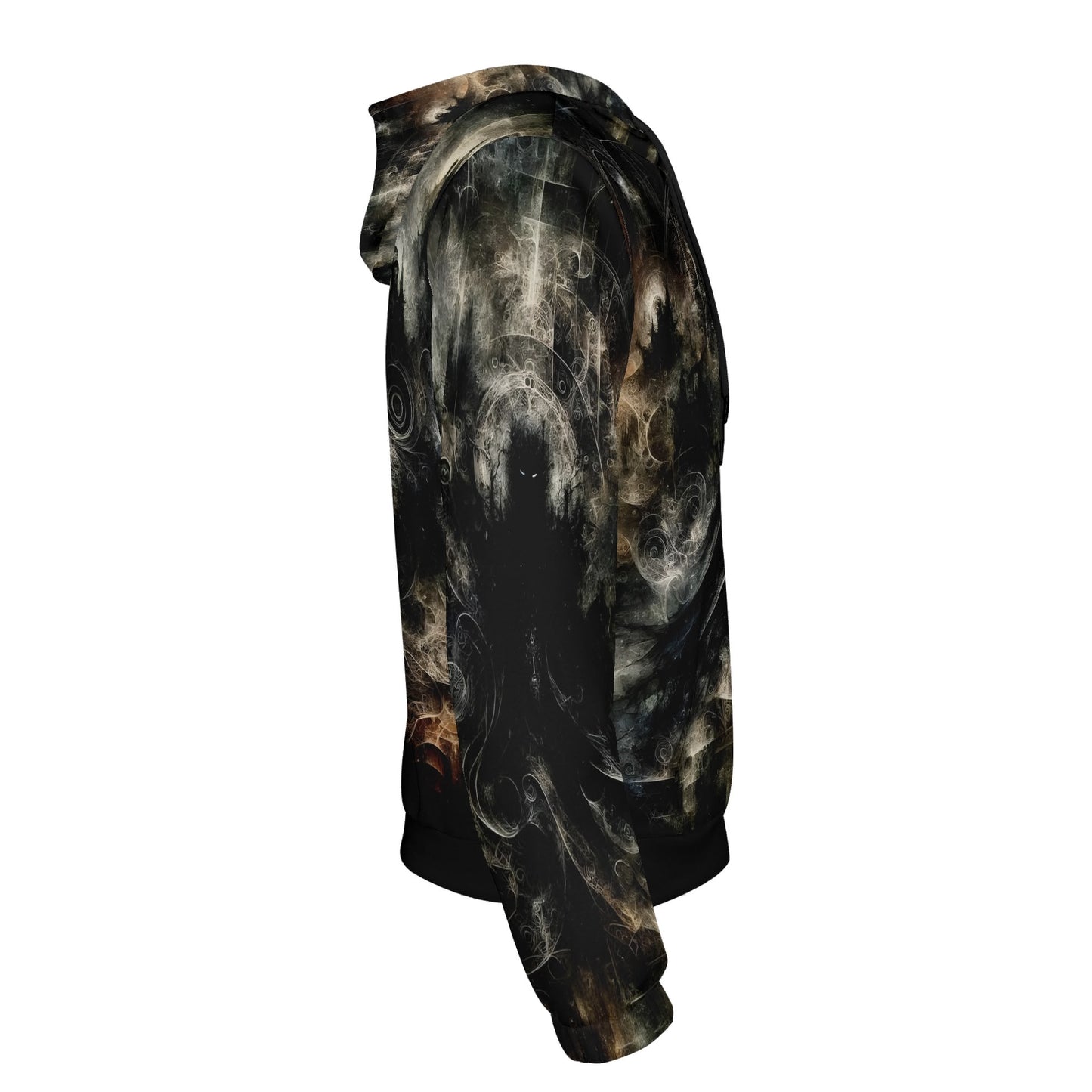 Side view of Gothic Apparition Cotton Terry Hoodie by Loud and Lethal with dark smoky design