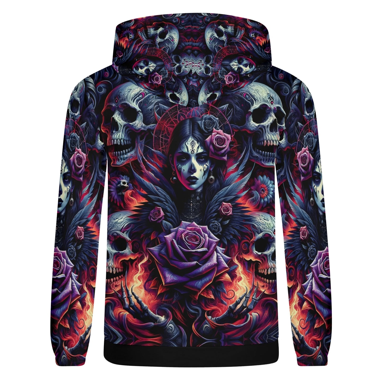 Loud and Lethal Gothic cotton terry hoodie with dark skulls, roses, and gothic woman design