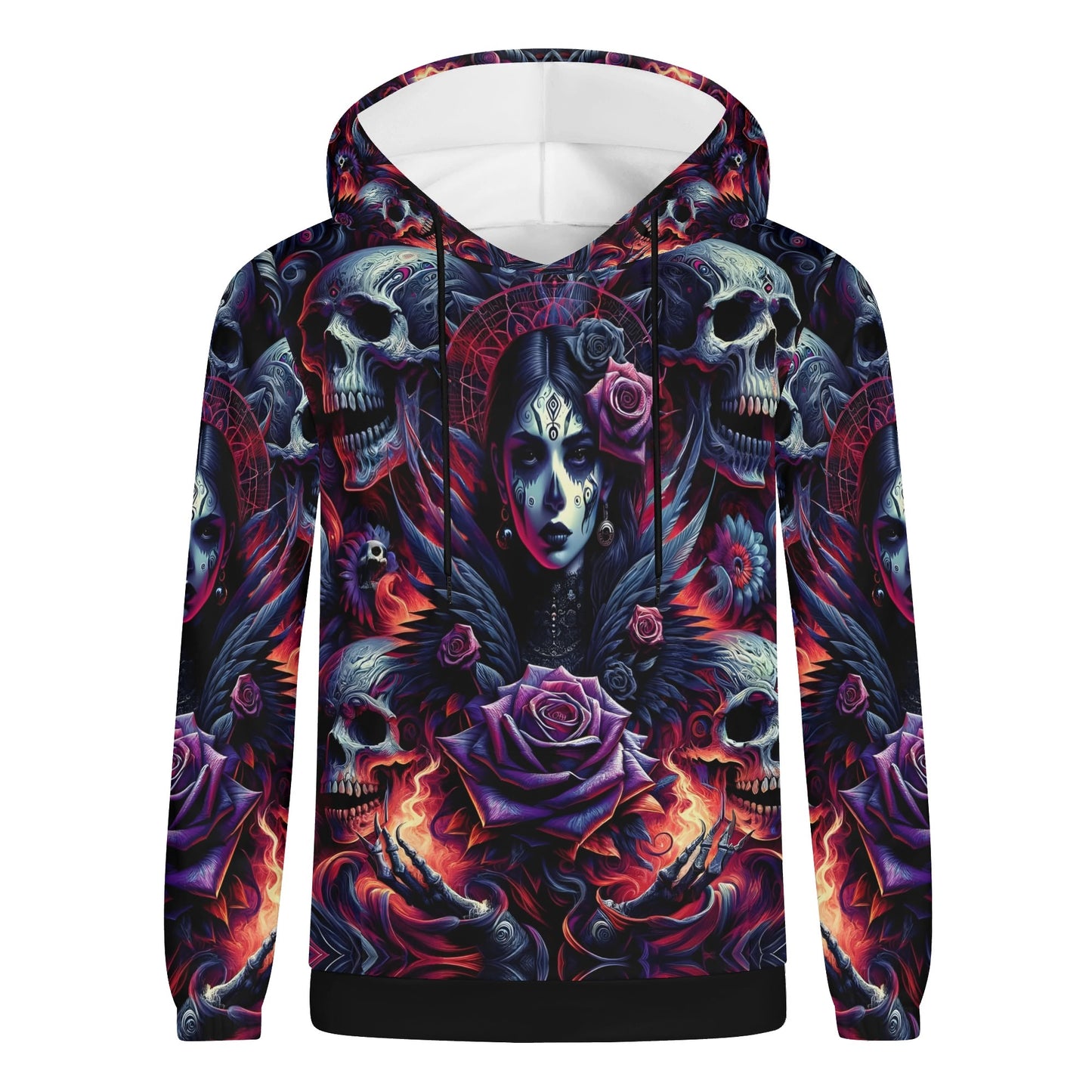 Gothic cotton terry hoodie with dark skull and rose design from Loud and Lethal unisex collection