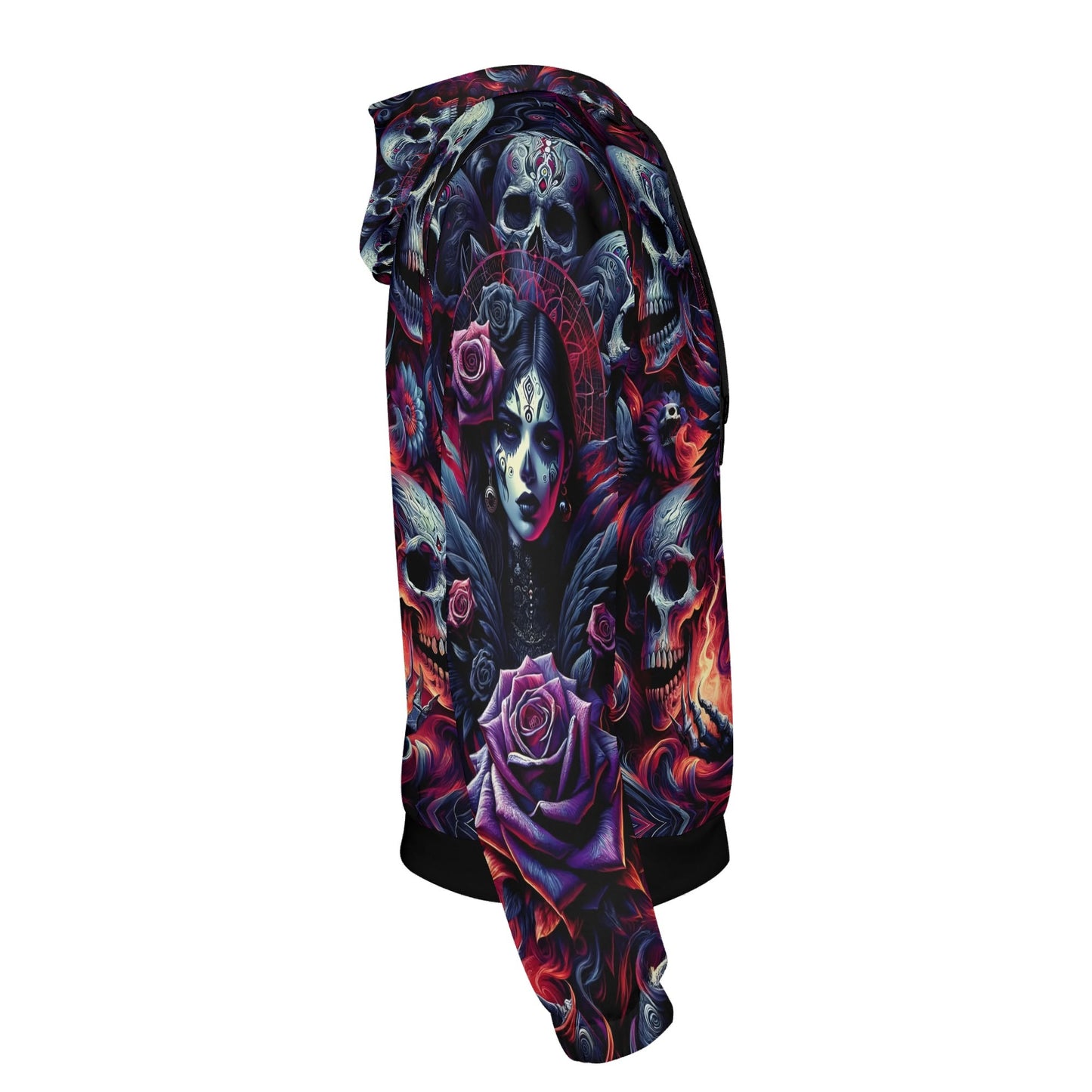 Loud and Lethal Gothic cotton terry hoodie with dark skull and rose design in purple and red tones
