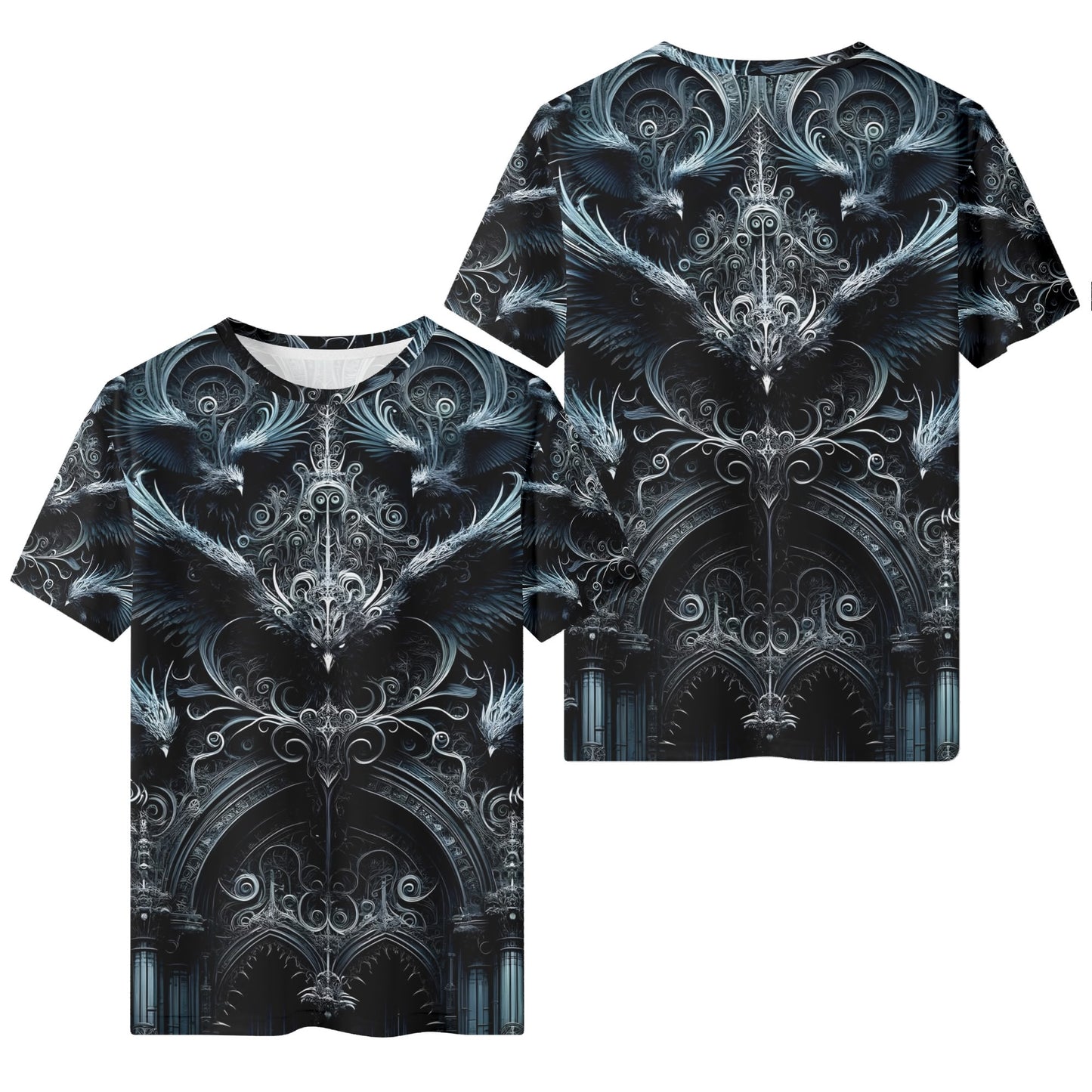 Gothic Flight 100 Cotton T-SHIRT by Loud and Lethal with dark intricate gothic design and flying birds on front and back