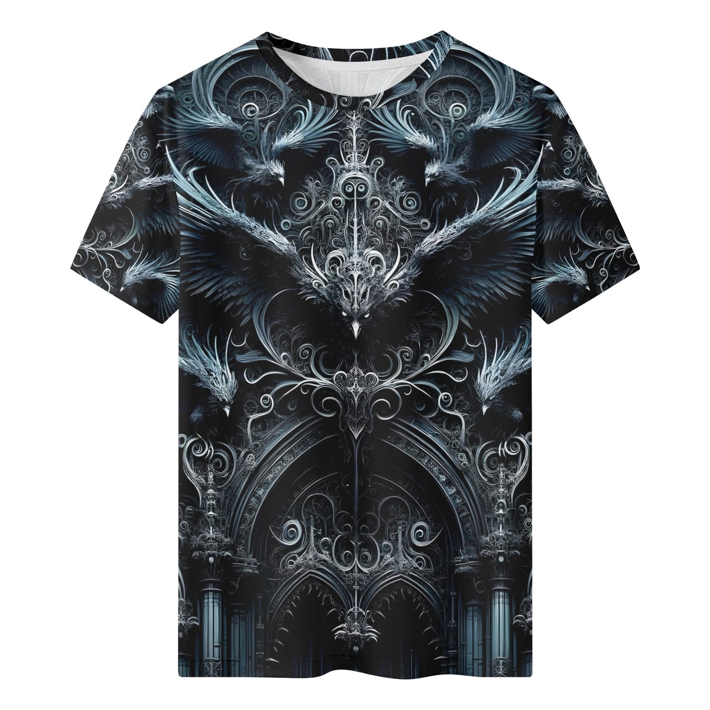 Loud and Lethal Gothic Flight 100 Cotton T-SHIRT with intricate gothic bird and arch design in dark tones