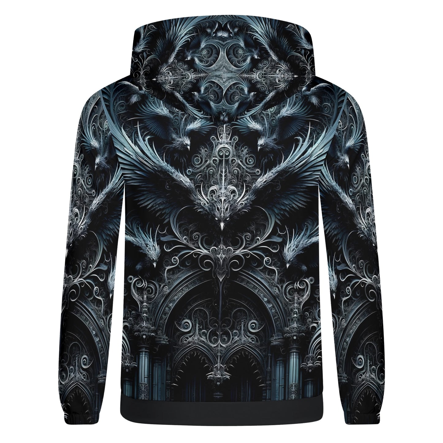 Back view of Gothic Flight Cotton Terry hoodie with intricate dark gothic wing and architectural designs