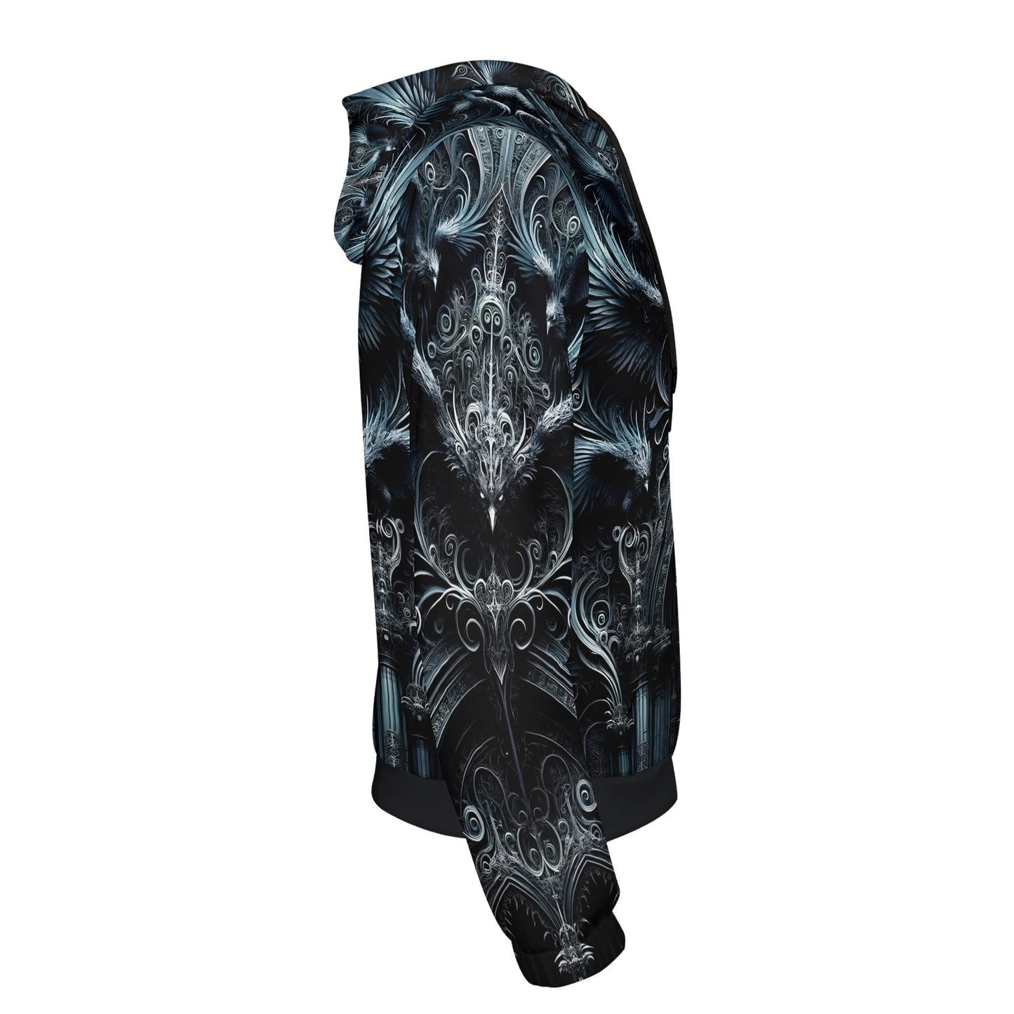 Loud and Lethal Gothic Flight Cotton Terry hoodie with intricate black and gray gothic design, unisex fit
