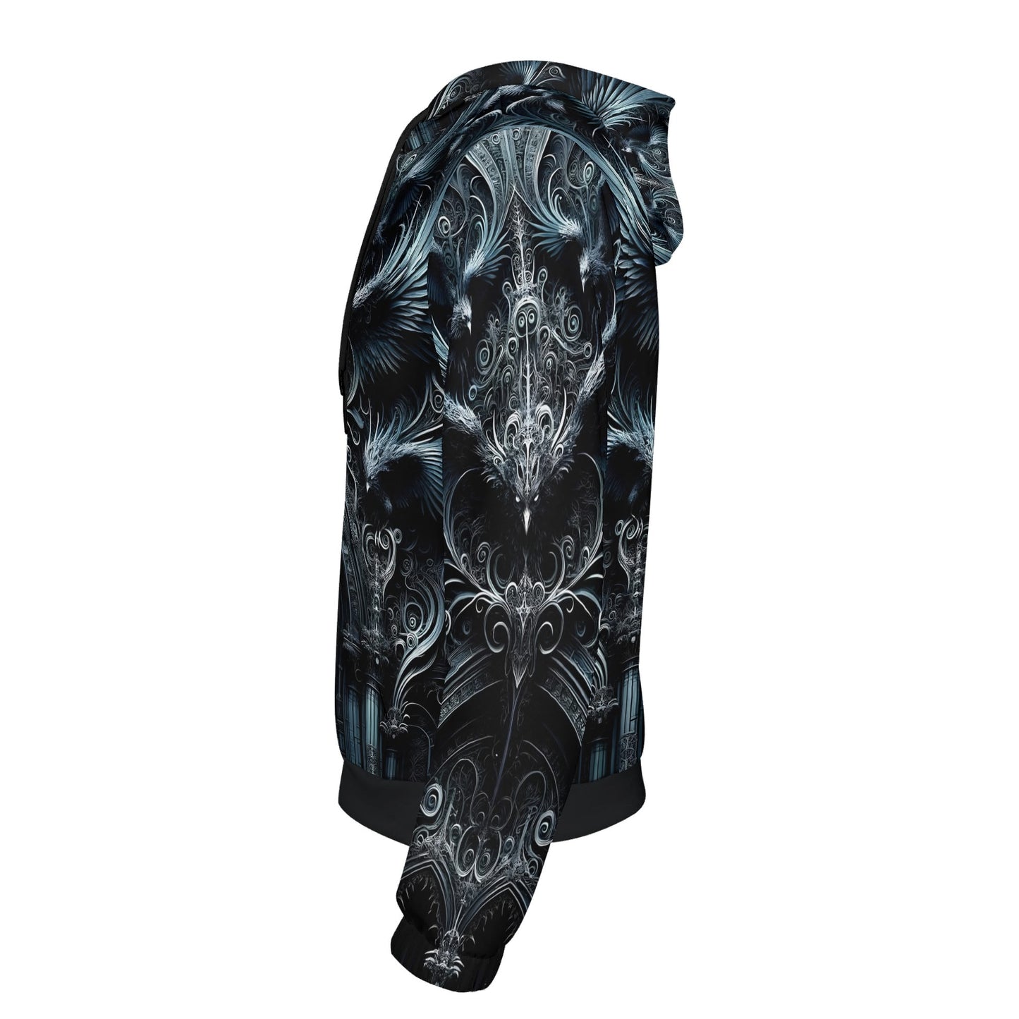 Side view of Loud and Lethal Gothic Flight Cotton Terry hoodie with dark intricate gothic design