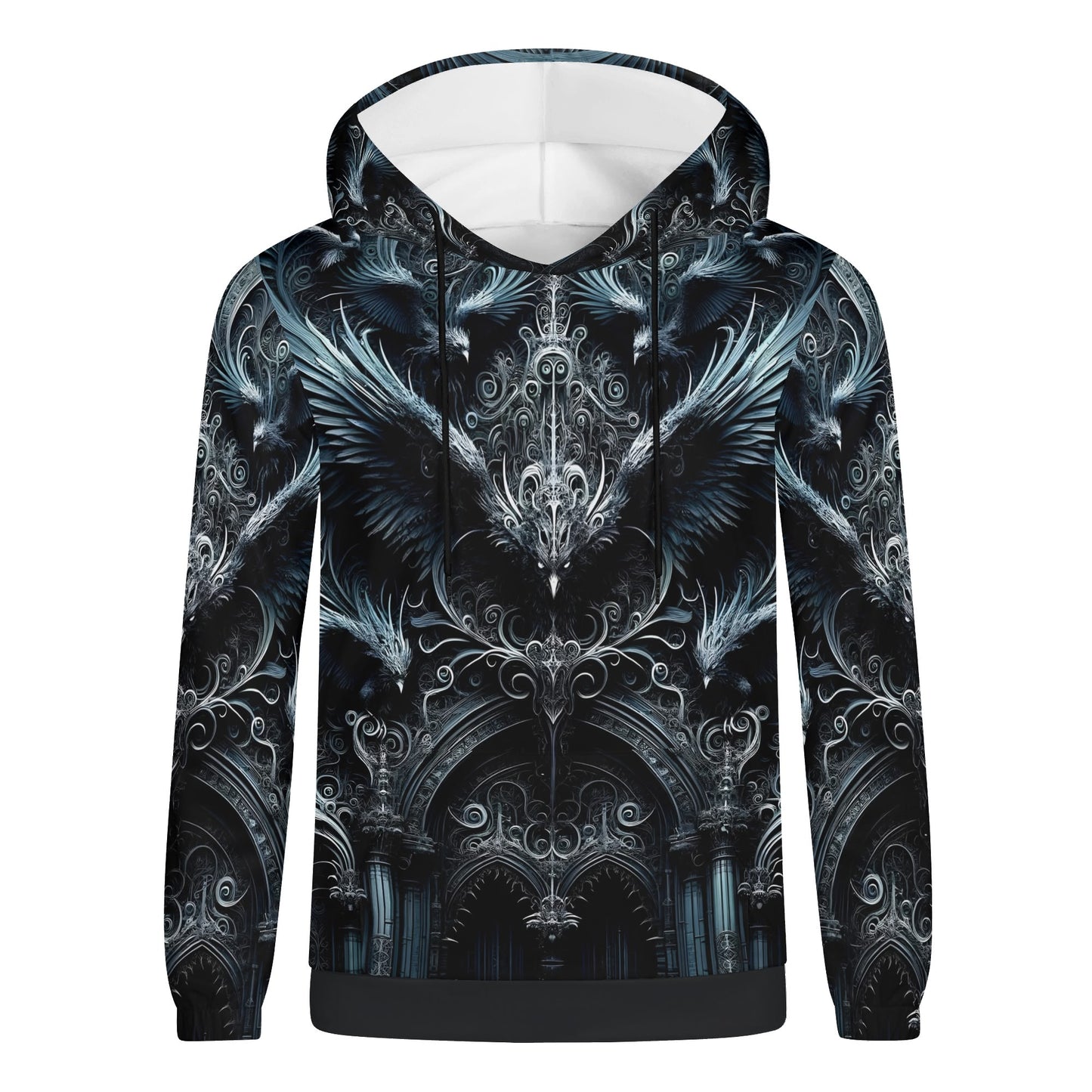 Unisex Gothic Flight Cotton Terry hoodie with intricate dark gothic design and detailed wing patterns