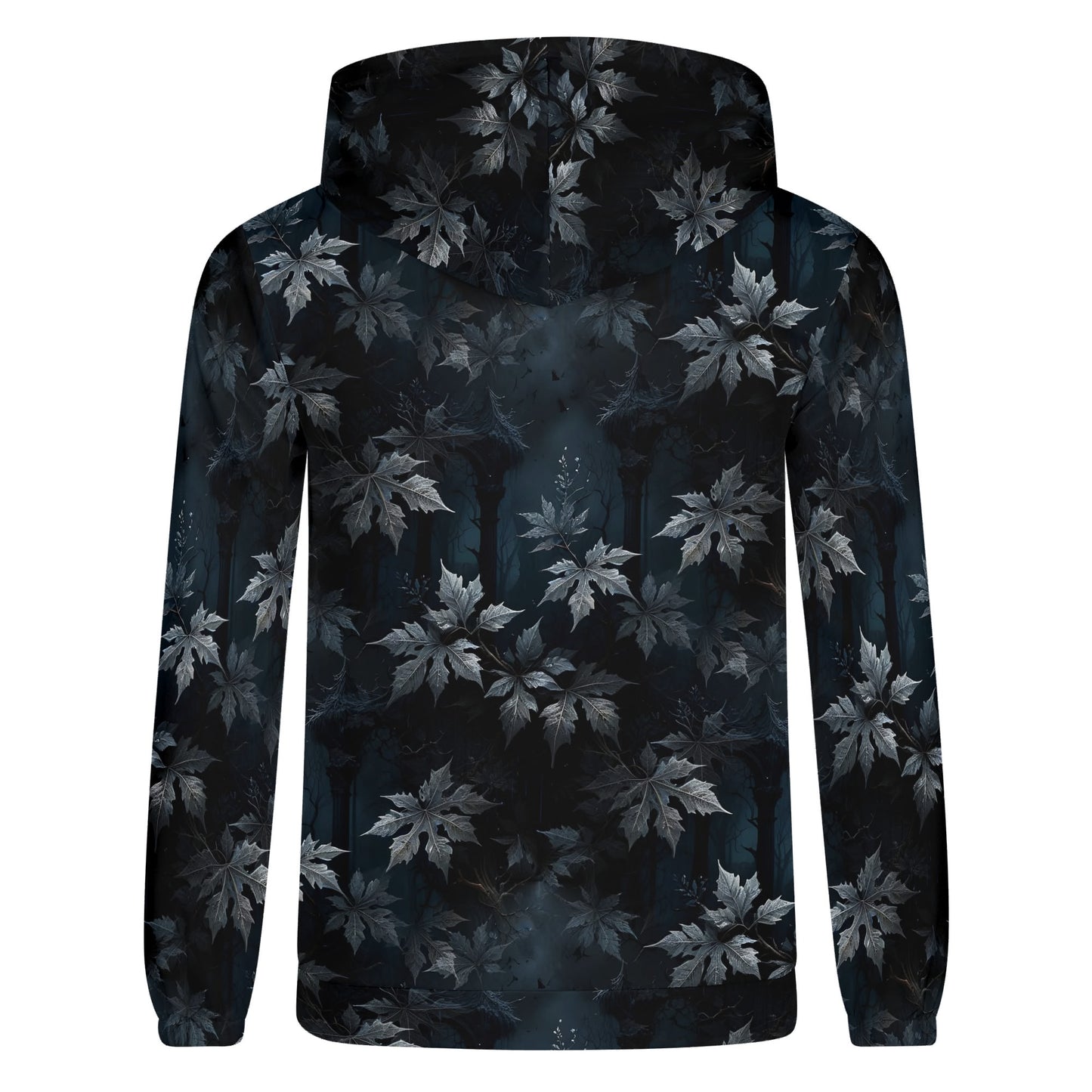 Back view of Gothic Overgrowth Cotton Terry Hoodie hoodie with dark floral leaf pattern by Loud and Lethal